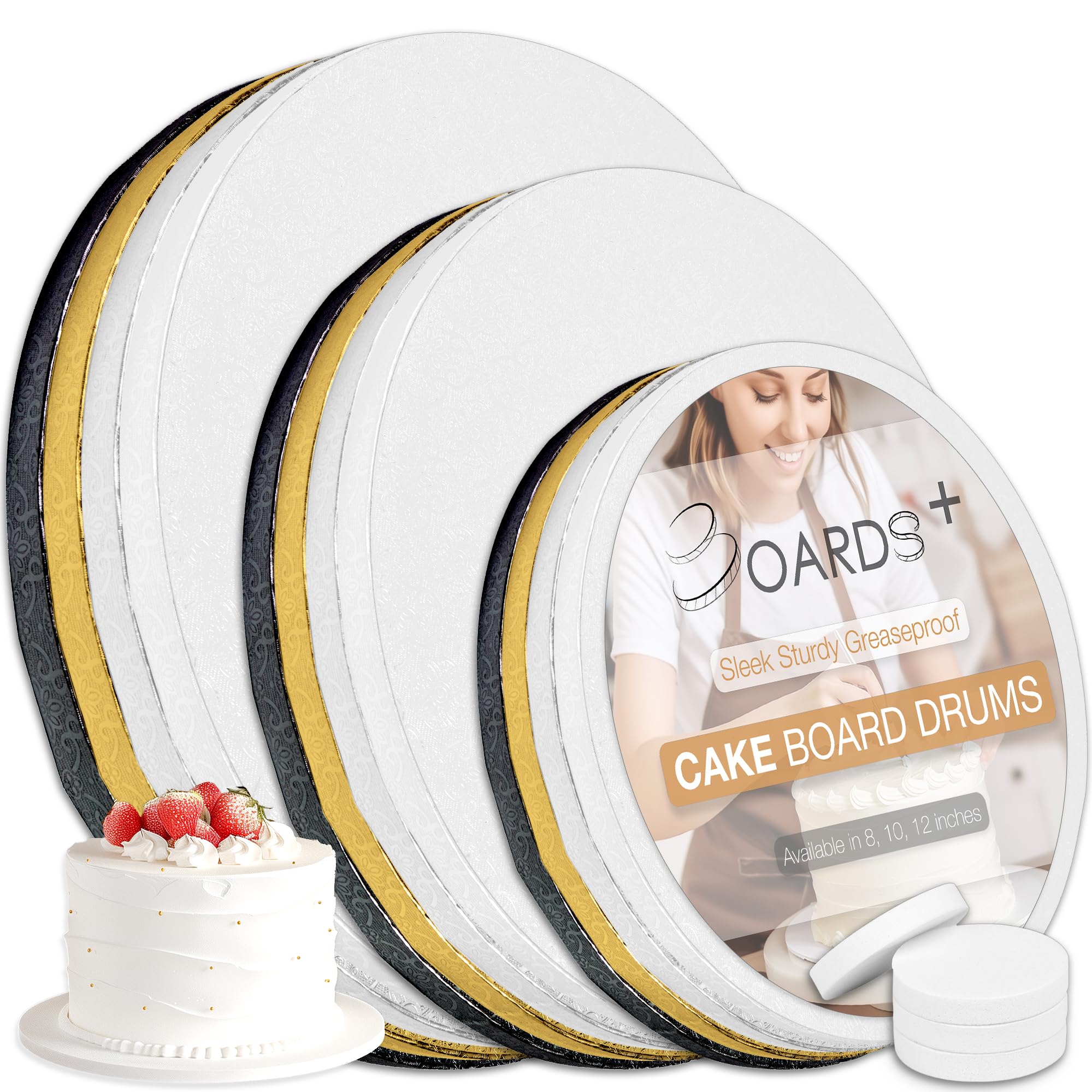 BOARDS+ 12 Pack Cake Board Drums in 3 Sizes (8, 10, 12 Inch) & in 4 Colors (White, Silver, Black, Gold) | 1/2