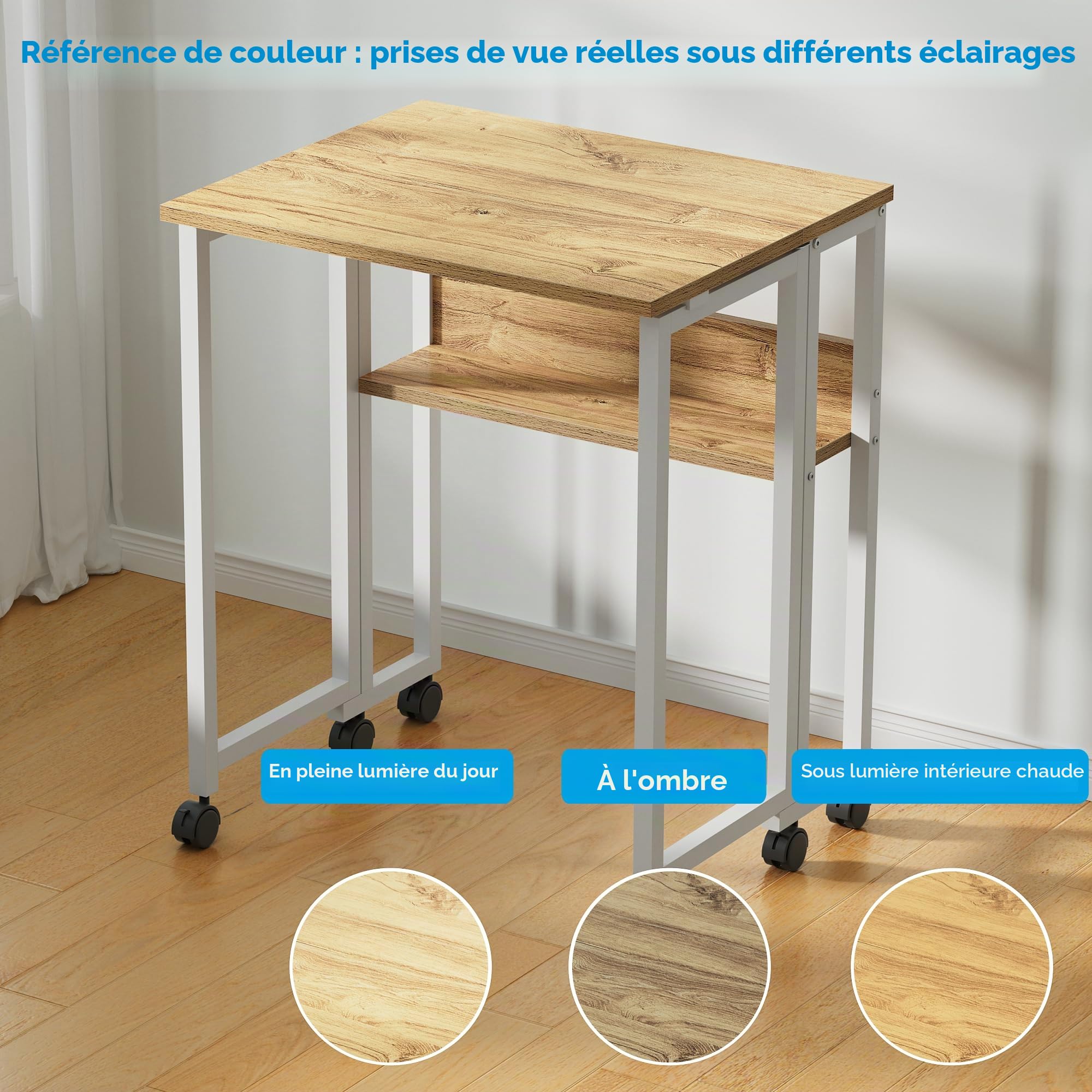 GreenForest Bureau Pliable à roulettes, 63cm Table d'appoint avec Rangement | Bureaux d’Ordinateur et Facile à Assembler pour Petit Espaces, Bureau Pliante pour Télétravail, Domicile ou Chambre, Beige