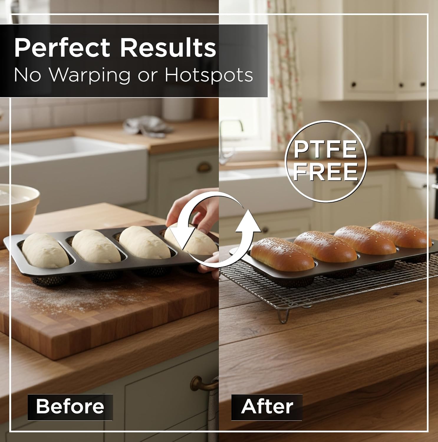 Wrenbury Perforated Hot Dog Bun Baking Pan - Nonstick Bread Mold | Carbon Steel for Crispy Homemade Rolls and Mini Baguettes