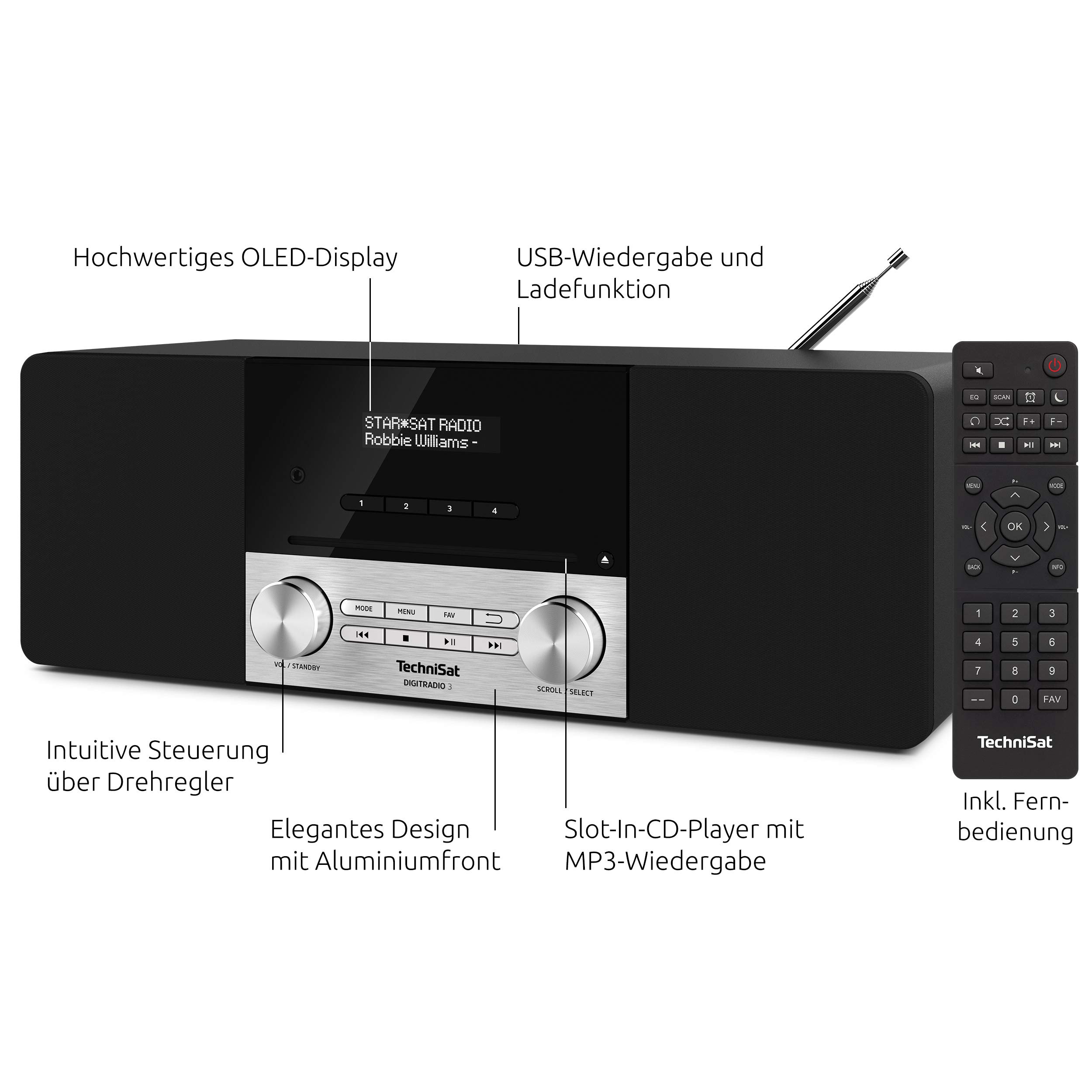 TechniSat DIGITRADIO 3 - Radio Stereo DAB, Impianto compatto (DAB+, VHF, Lettore CD, Bluetooth, USB, Ingresso per cuffie, Ingresso AUX, Radiosveglia, Display OLED, 20 Watt RMS), Nero
