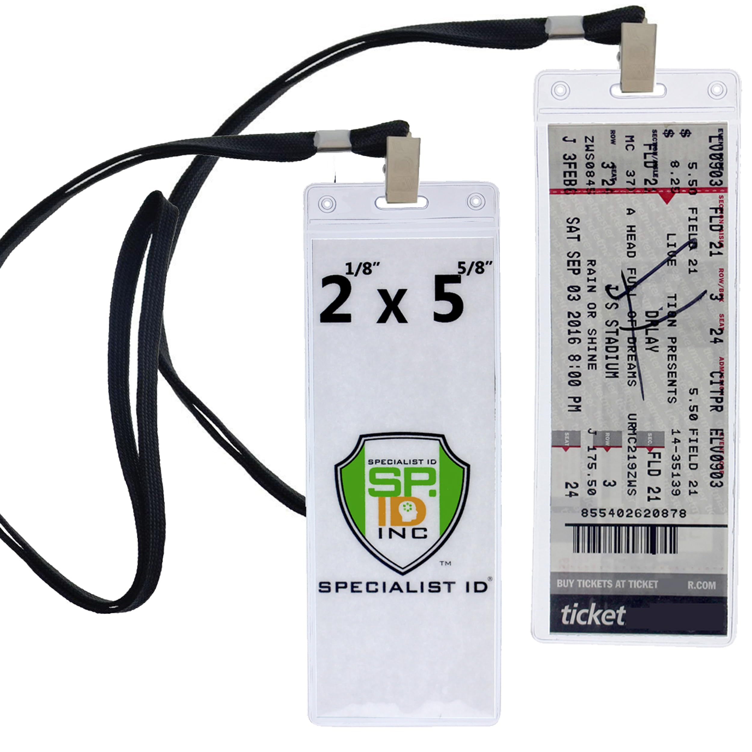 5 Pack - Ticket Stub Holder Display Sleeves with Lanyards - 2 ⅛ X 5 ⅝ Inch TICKETMASTER Compatible - Clear Flexible Vinyl Plastic Holder Pouch for Concerts & Sports by Specialist ID