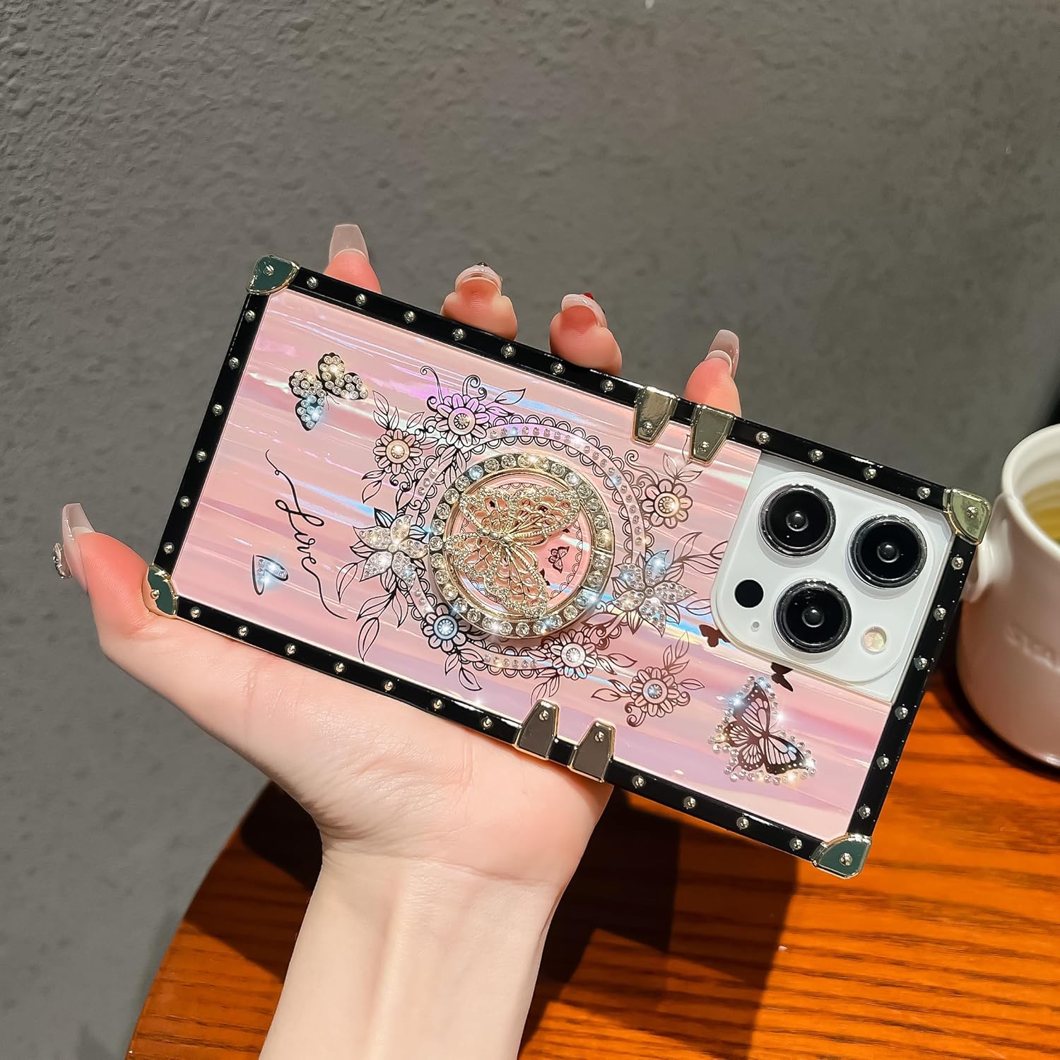 Cute Compatible with iPhone 15 Pro Max Case, Luxury Bling Butterfly with Foldable Kickstand Holder for Women & Girls, Glossy Colorful Shockproof Protective Case 6.7” (Pink) - Image 4