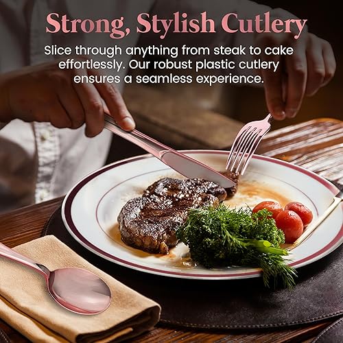 Miniatura 5 de Juego de vajilla de color dorado de 600 piezas. 200 platos de plástico blancos y dorados. Juego de 300 cubiertos de plástico dorados. 100 vasos de