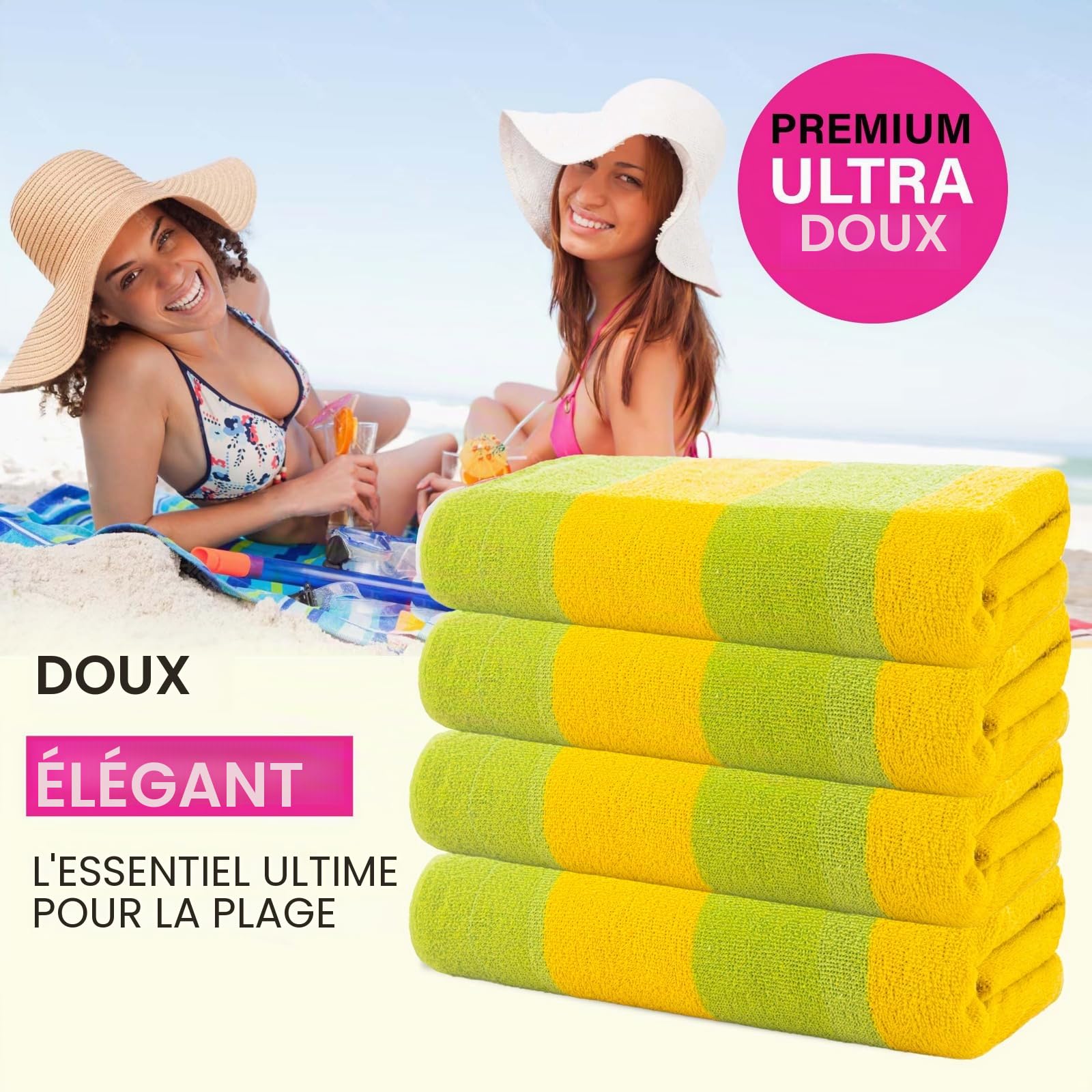 Casa Copenhagen Coffret Cadeau 4 Serviettes de Plage en Coton,75x150cm,Vert | Malibu serviettes 100% coton égyptien (150 x 75 cm) plage, douche, et piscine (coffret cadeau femme et homme)