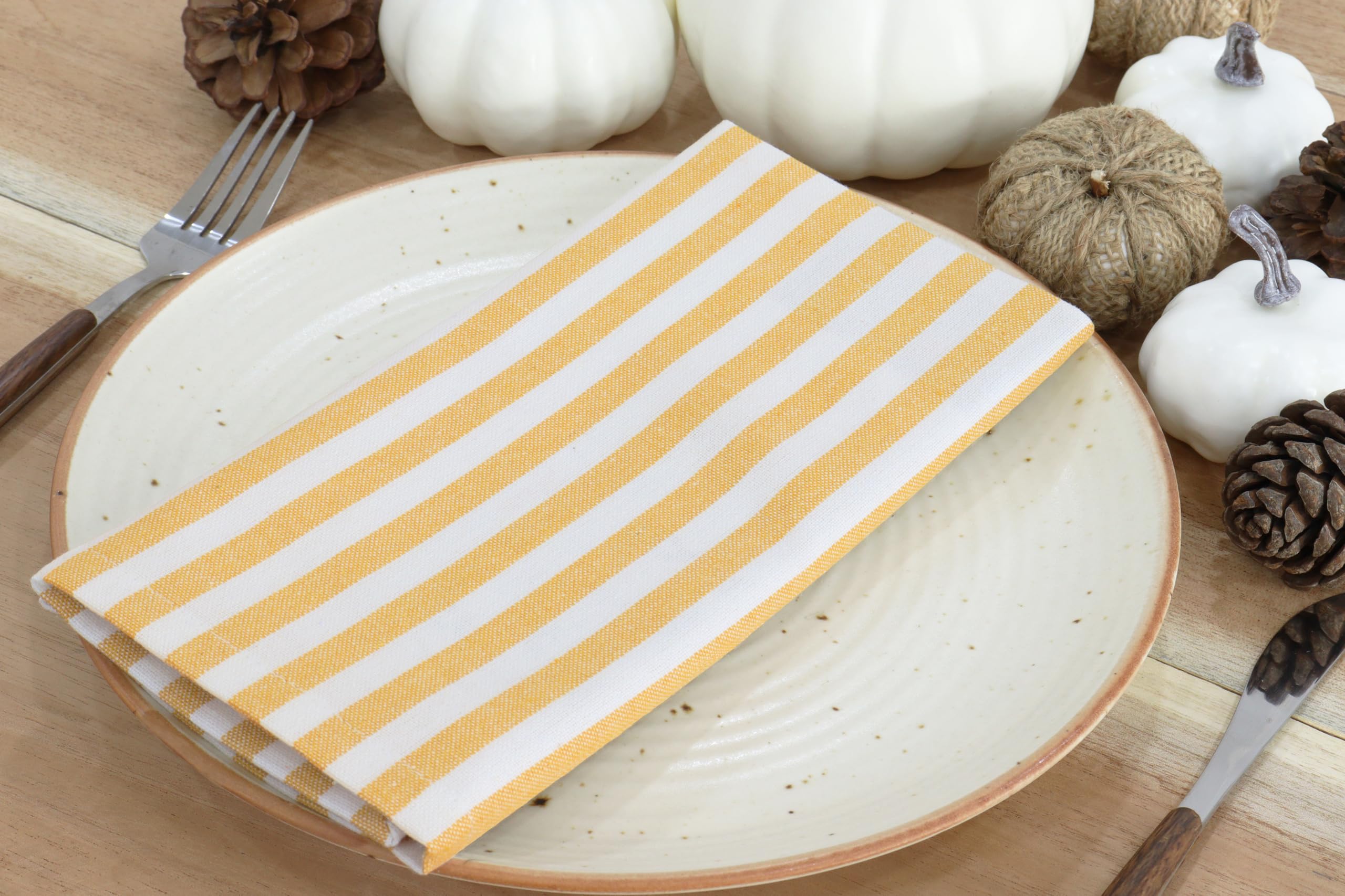 PurpleEssences Plain Striped Cloth Napkins - Set of 12-100% Cotton - 18 x 18 Inch - Spring Summer Easter - Perfect Everyday Use Dinner Napkin - Golden Yellow White