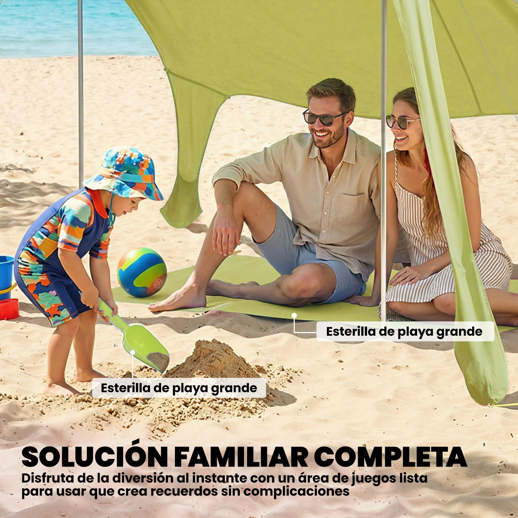 Outsunny Tenda da spiaggia pieghevole 208 x 200 cm, tenda da spiaggia portatile per 2-4 persone con tappetino, UPF50+, pali in alluminio, pala, picchetti e borsa per il trasporto impermeabile, per