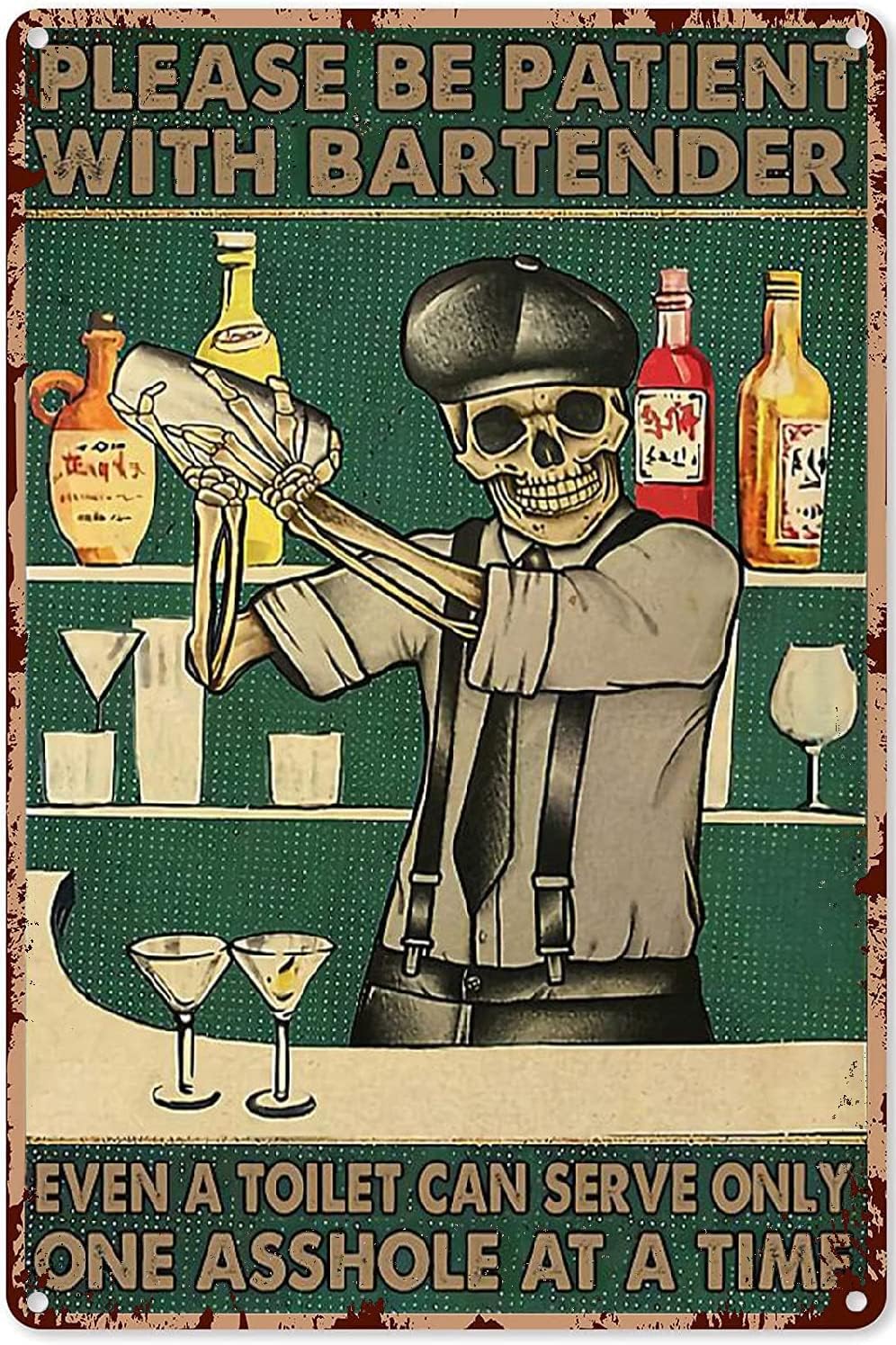 Kisoyo Women's Tin-09 Skeleton Please Be Patient With Bartender Poster Vintage Tin Sign Garden Metal Signs For Coffee Home Office Classroom Bathroom Apartment Wall Art Decor 8X12 Inch