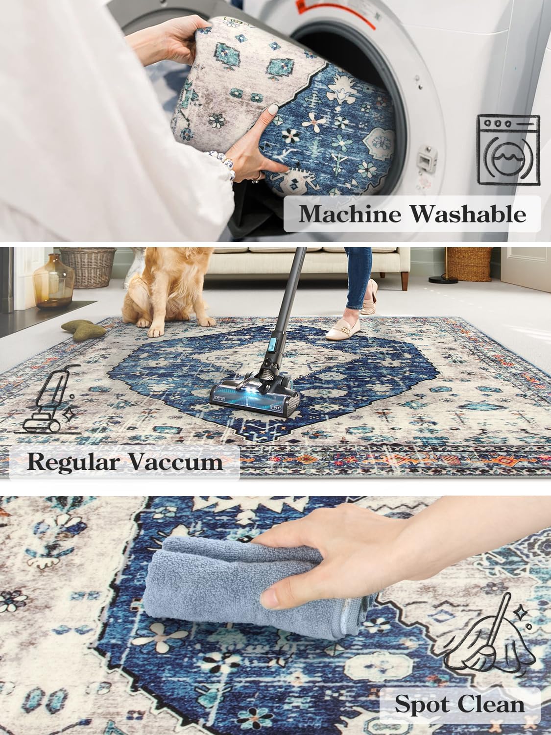 Tapis vintage à poils courts doux lavable antidérapant pour salon, chambre à coucher, chambre d'enfant, salle à manger, couloir, cuisine - Bleu - 40 x 60 cm