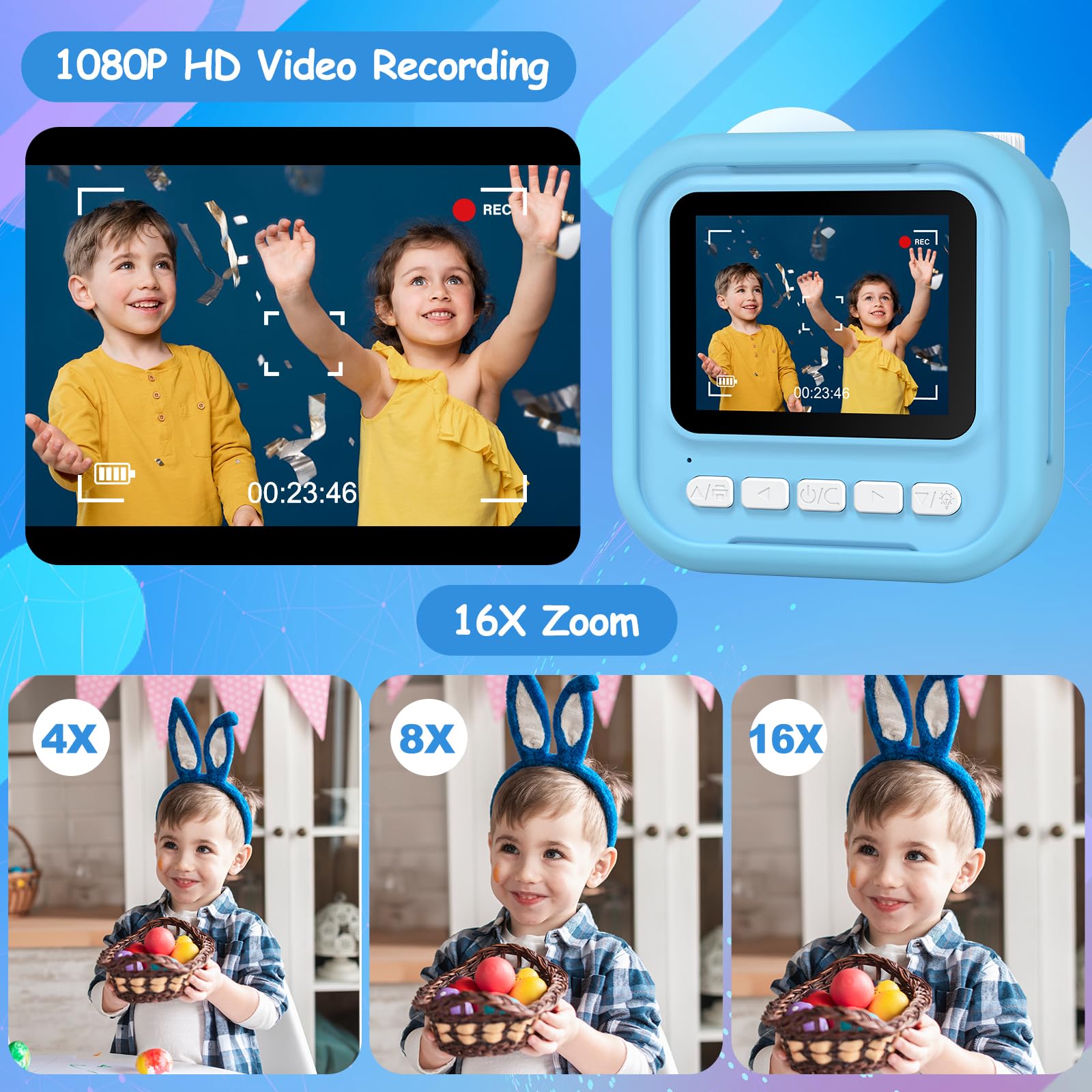 Gofunly Macchina Fotografica Bambini Istantanea, 2.4 Pollici Fotocamera Istantanea Bambini con 32GB Scheda, 12MP/1080P HD Videocamera Fotocamera Digitali per Bambino da 3-12 Anni