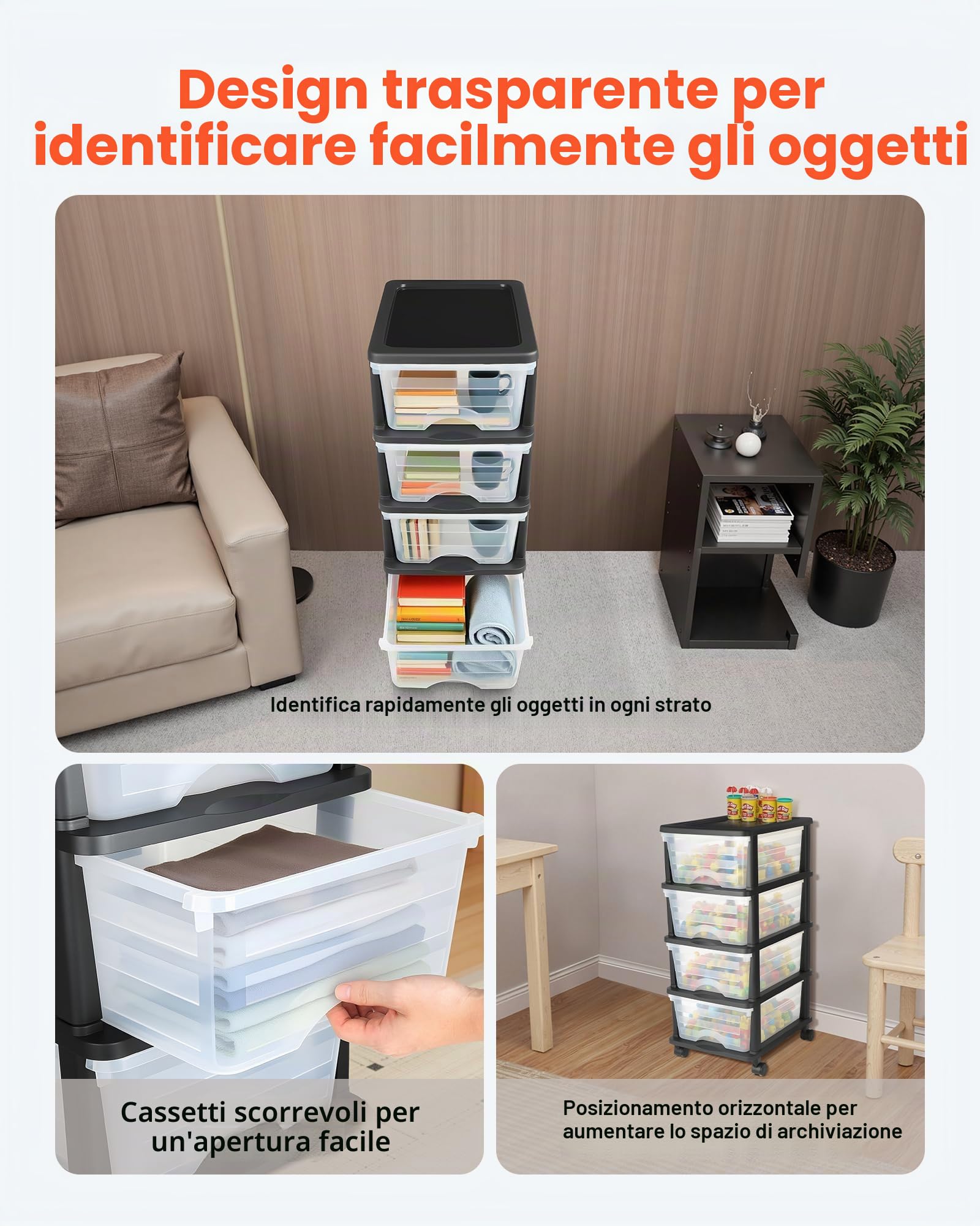 VEVOR Carrello Portaoggetti in Plastica con 4 Cassetti, Torre Portaoggetti su Ruote, Scatola Mobile a 4 Livelli, Contenitore Trasparente per Forniture di Ufficio, Aule, Laboratori Artigianali