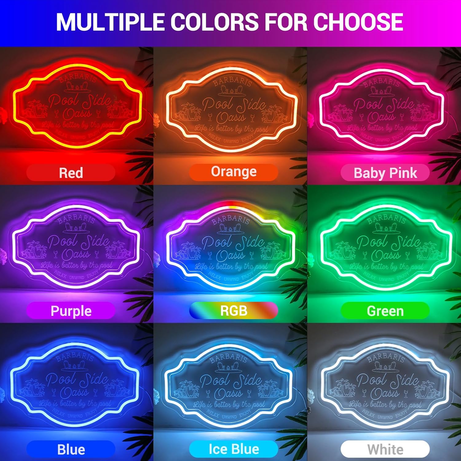 Outdoor Custom Pool Side Oasis Neon Signs for Pool Oasis Patio with Remote, Personalized Waterproof Dimmable Light up Sign for Backyard Palm Tree Beach Decor, Family Name Gift for House Swimming Pool