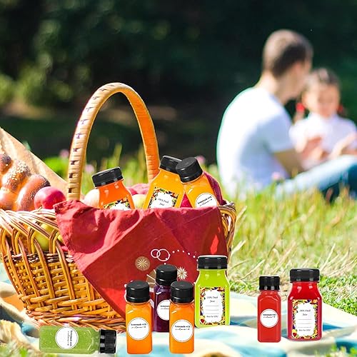Miniatura 8 de Paquete de 10 botellas pequeñas de plástico para jugo de 2 onzas con tapas, 10 unidades, etiquetas, embudo y cepillo, mini botellas reutilizables de