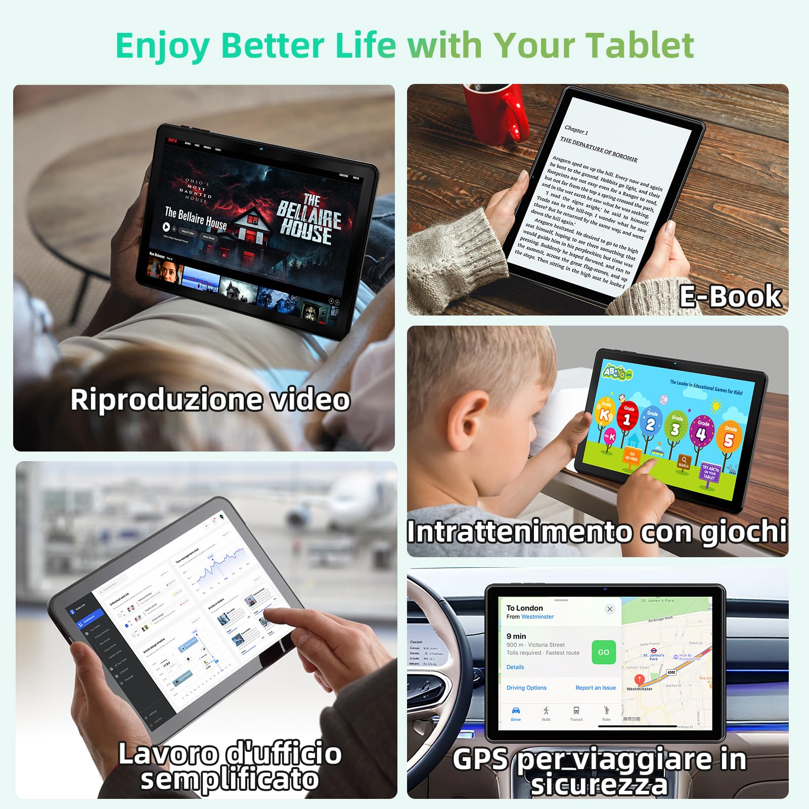 Raemond Tablet 10 pollici Android 15 Tablet PC con RAM 18GB + ROM 128G (1TB TF), IPS 1280 × 800,Widevine L1 Octa-Core Tablet con WiFi 5G, CPU T30, 5MP + 8MP, 6000 mAh, Face ID, certificato da Google