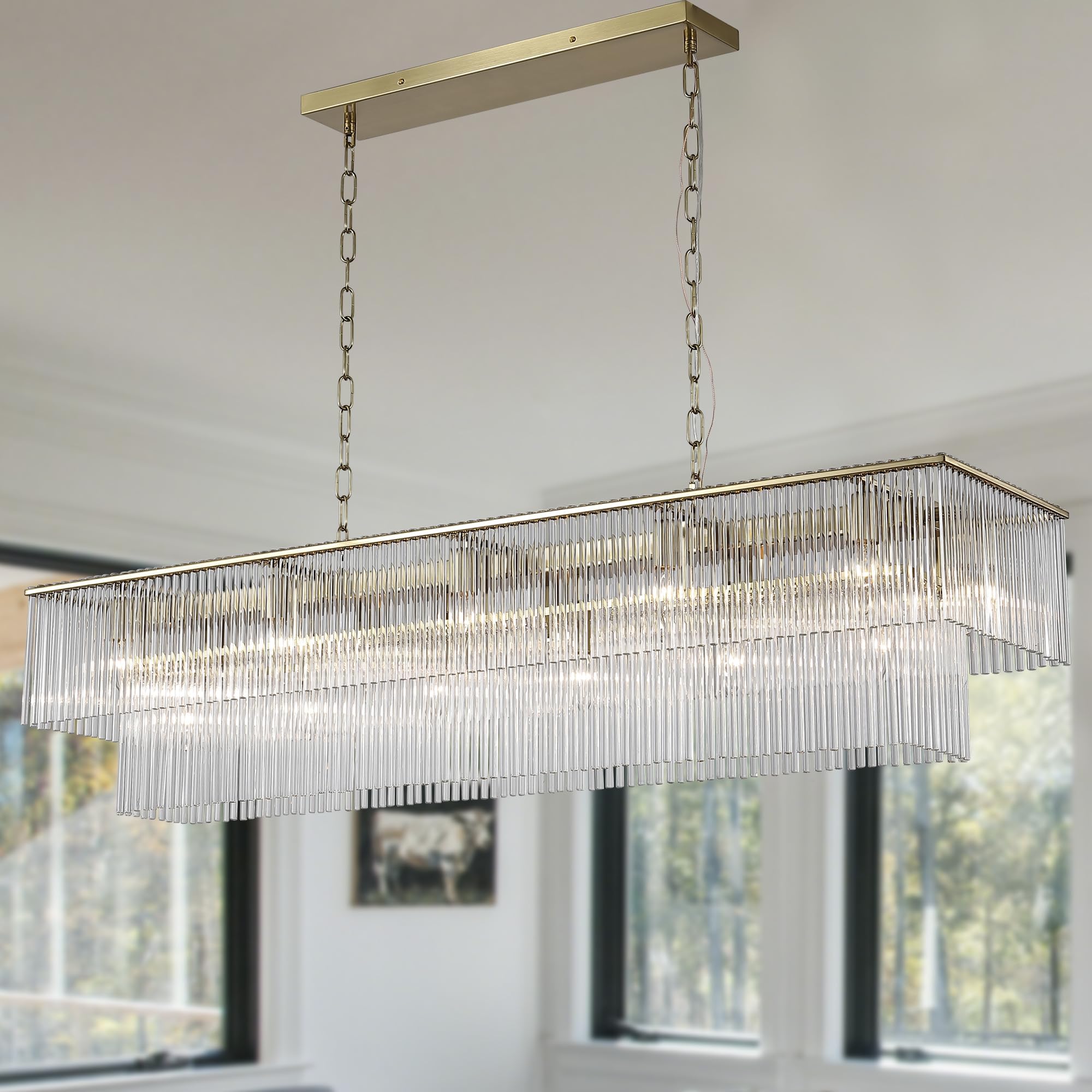 Photo 1 of ***FACTORY SEALED - OPENED FOR INSPECTION***DEARLAN Luxury Copper Rectangular Crystal Chandelier for Dining Room Glass Oblong Raindrop 18-Light Linear Pendant Light Fixture Contemporary Hanging Ceiling Kitchen Island Living Room Lamp L46.9