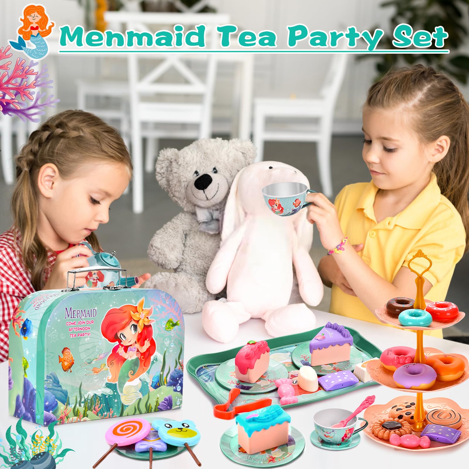 48 PCS Set da Tè per Bambini,Giocattoli Sirena di Latta Tea Party Finta di Giocare con Dessert Donut,Tea Party Finta di Giocare Sirena Compleanno Regalo per Bambina 3 4 5 6 7 Anni