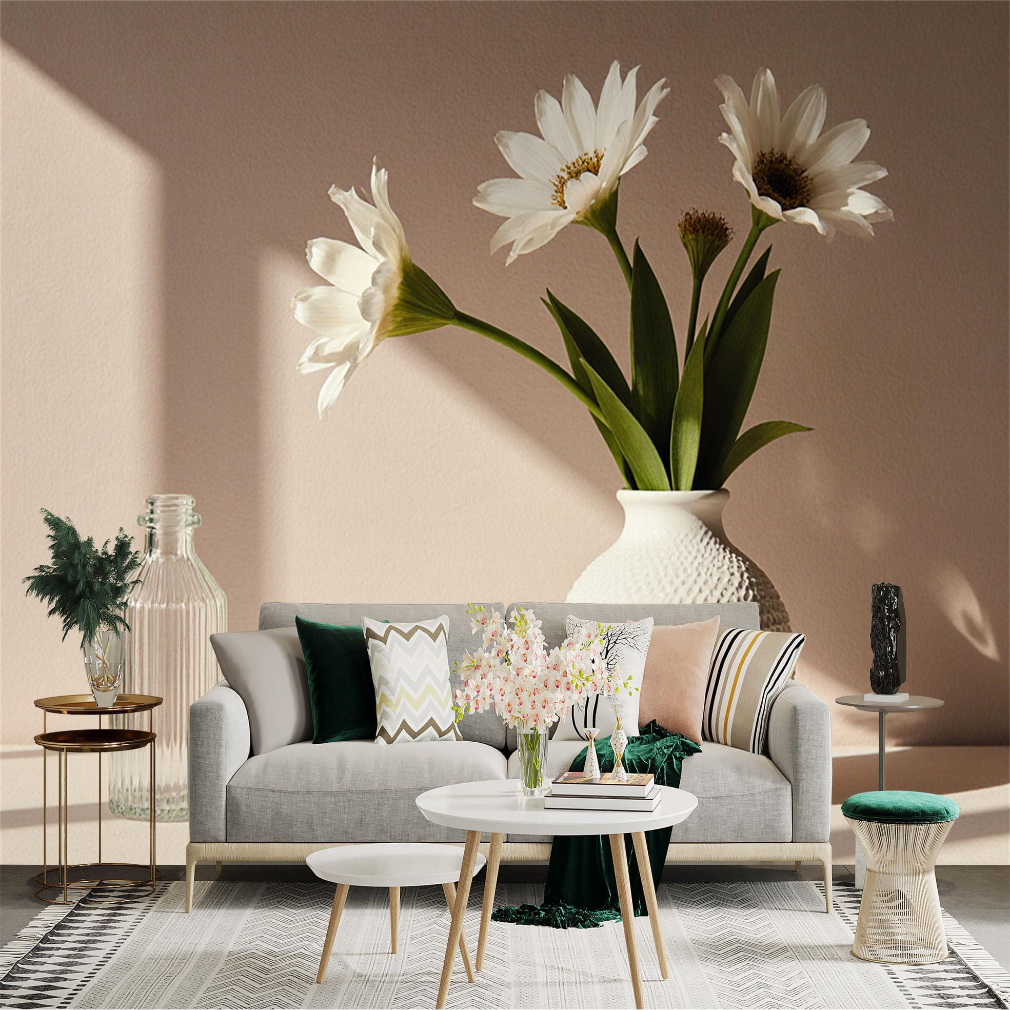 Custom Size Wall Sticker Mural， White Daisies in Textured Vase， Elegant Minimalist Floral Art， Modern Still Life Decor， for wall Decoration， peelandstick wall Decals.