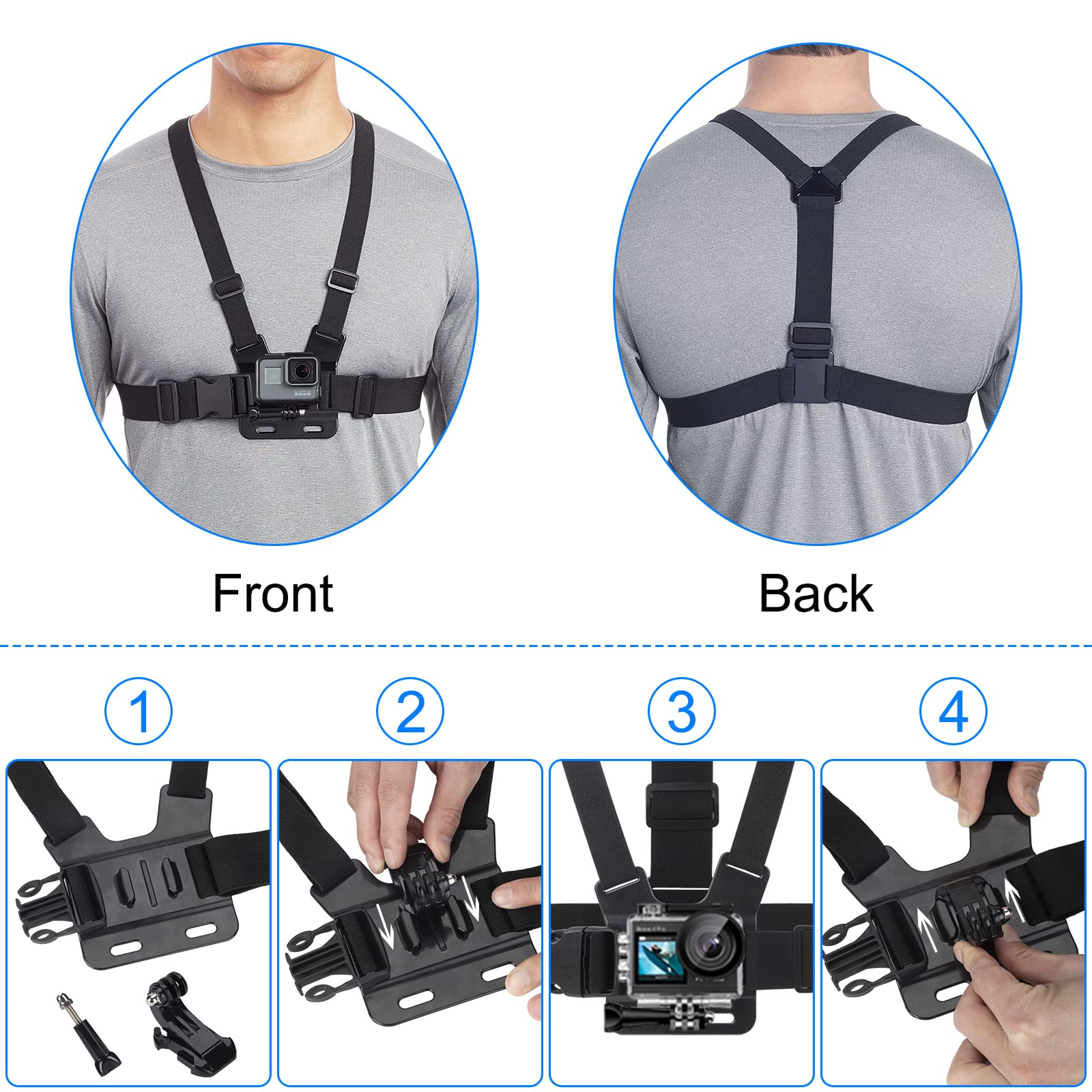 Uchwyt na pas piersiowy, kompatybilny z kamerami sportowymi, regulowany uchwyt na pas piersiowy, regulowany uchwyt na klatkę piersiową do GoPro Hero 9/8/7/6/5
