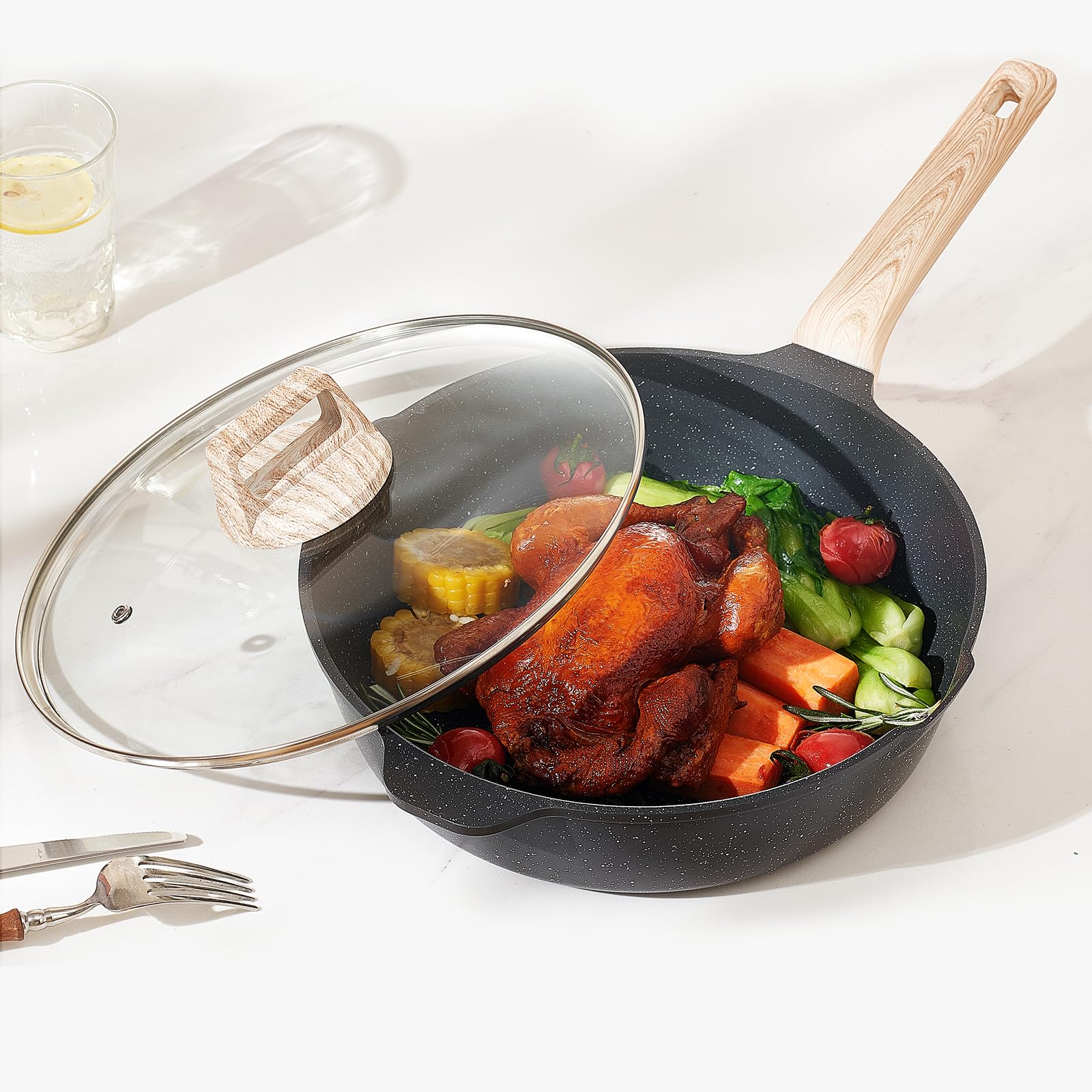 VEVOR Set di Pentole, Padelle Antiaderenti in Granito con Manico, Set di Pentole a Induzione da Cucina per Camper, con Frittura, Coperchi in Vetro Temperato, Nero 19 Pezzi