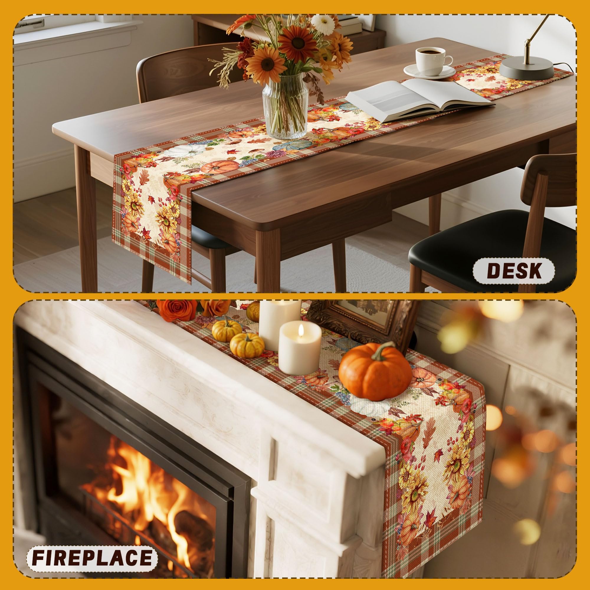 Camino de mesa de otoño de 72 pulgadas de largo x 13 pulgadas de arpillera de lino para decoración del hogar, cocina, calabaza, girasol, hojas, búfalo, cuadros, café, comedor, rústico, granja, rojo,