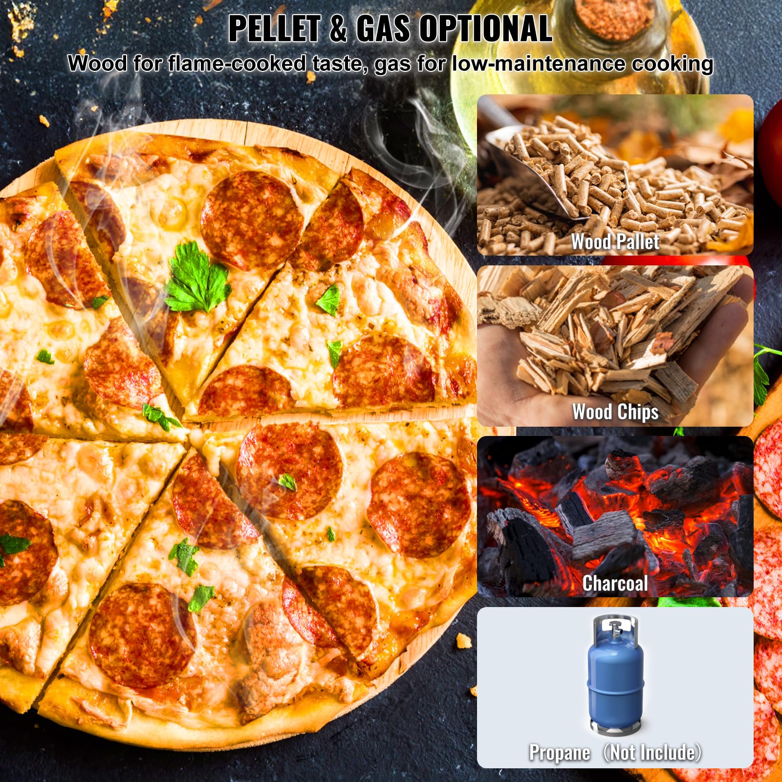 VEVOR Horno de Pizza Portátil Combustible Dual para Uso al Aire Libre, Alimentado con Pellets y Gas y Piedra de Pizza de Cordierita Espesa, Pata Plegable a Acampar y Patio, 360 x 680 x 850 mm, Plata
