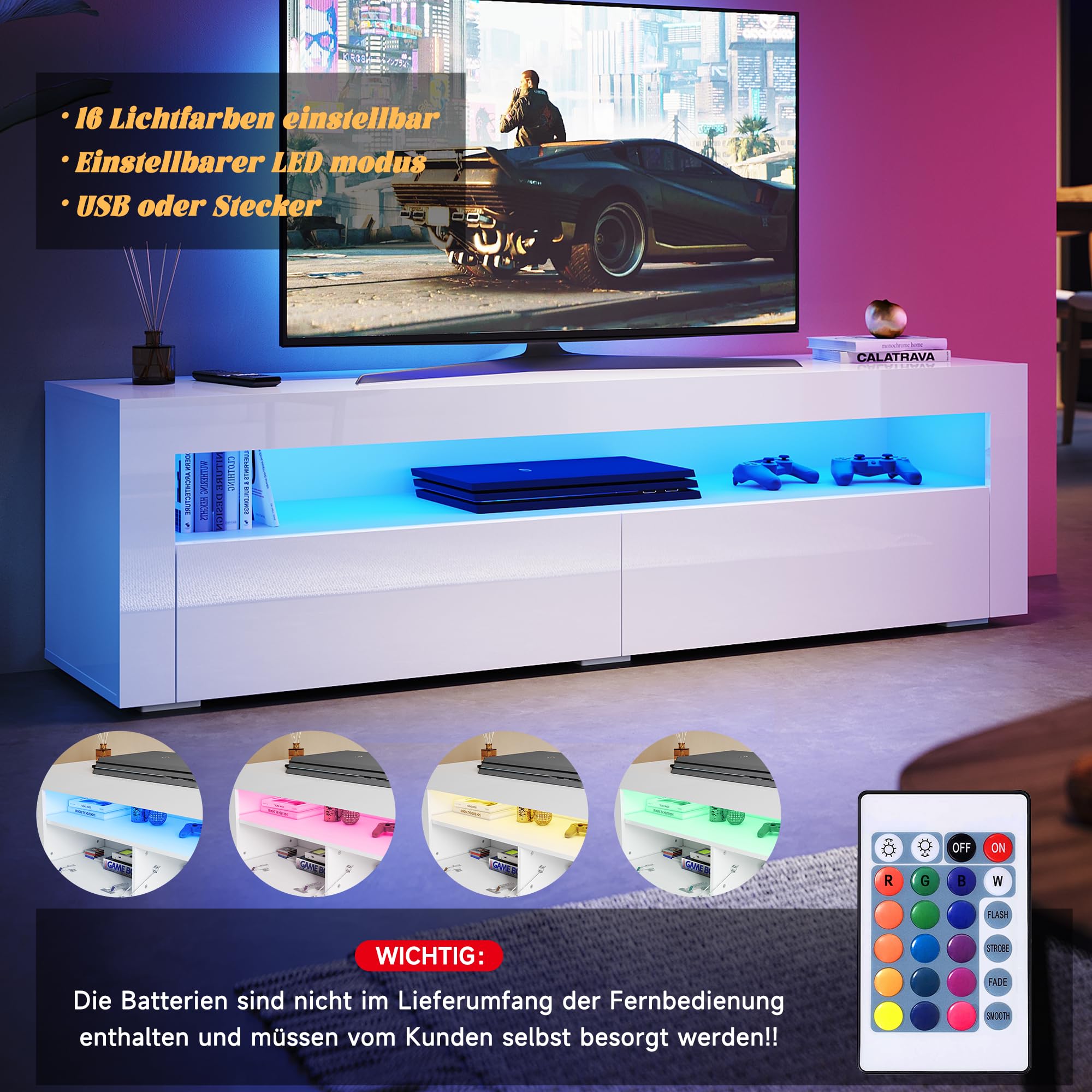 Mueble Para TV De Alto Brillo Con 2 Cajones - 160 X 35 X 40,5 Cm - LED - Tablero De Partículas - Blanco