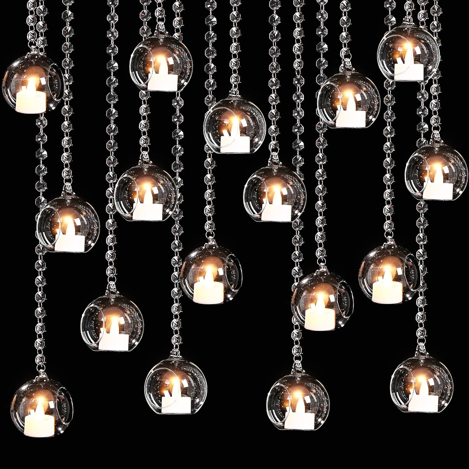 (Incomplete)3.15'' Hanging Glass Tealight Holder Globe and Clear K9 Crystal Garland Strands, Hanging Glass Terrarium Containers for Wedding Party Tree Decoration(17 Pcs)