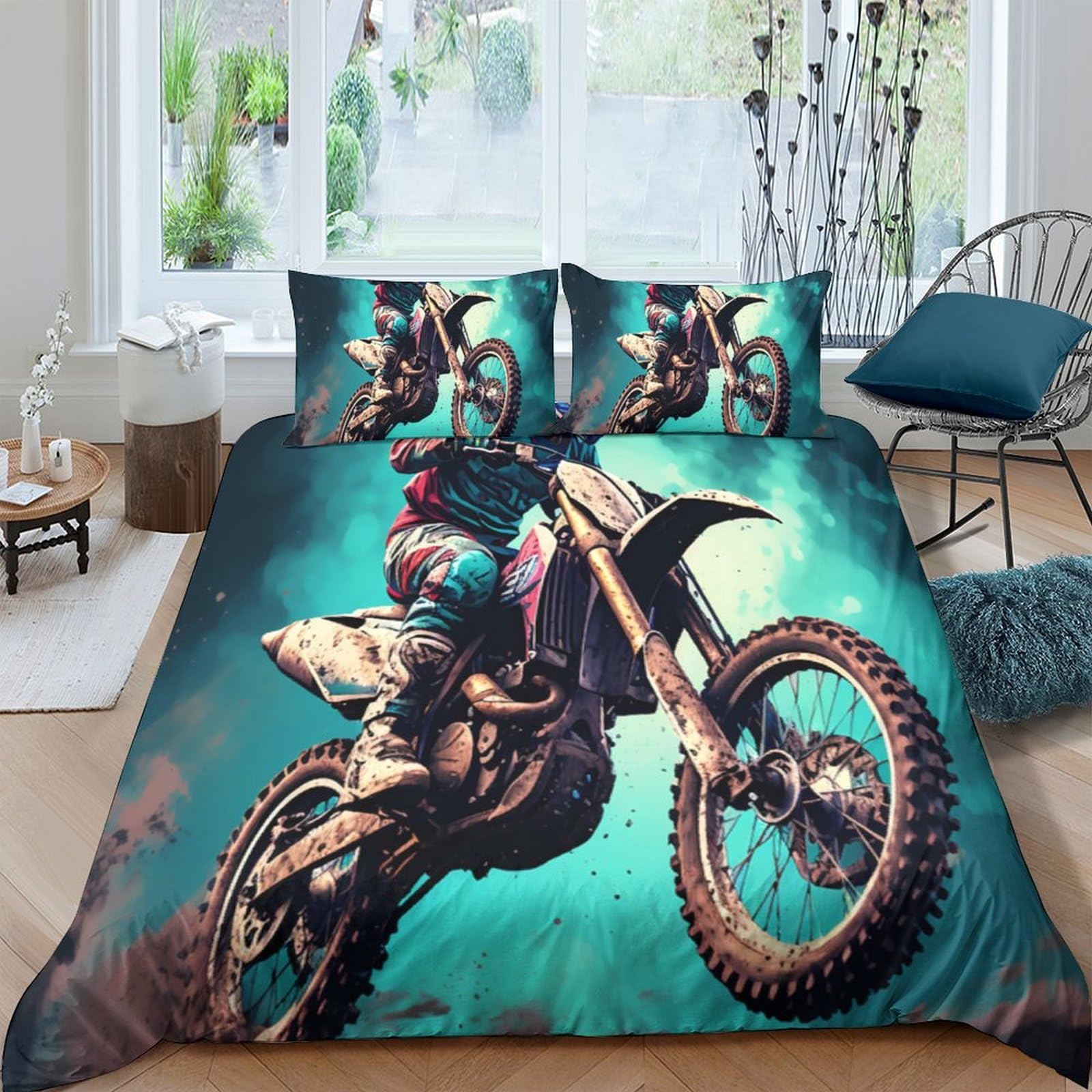 Unrxjzlvm Style-5 3D Motocross Duvet Set Microfiber Teen Bedding Gift