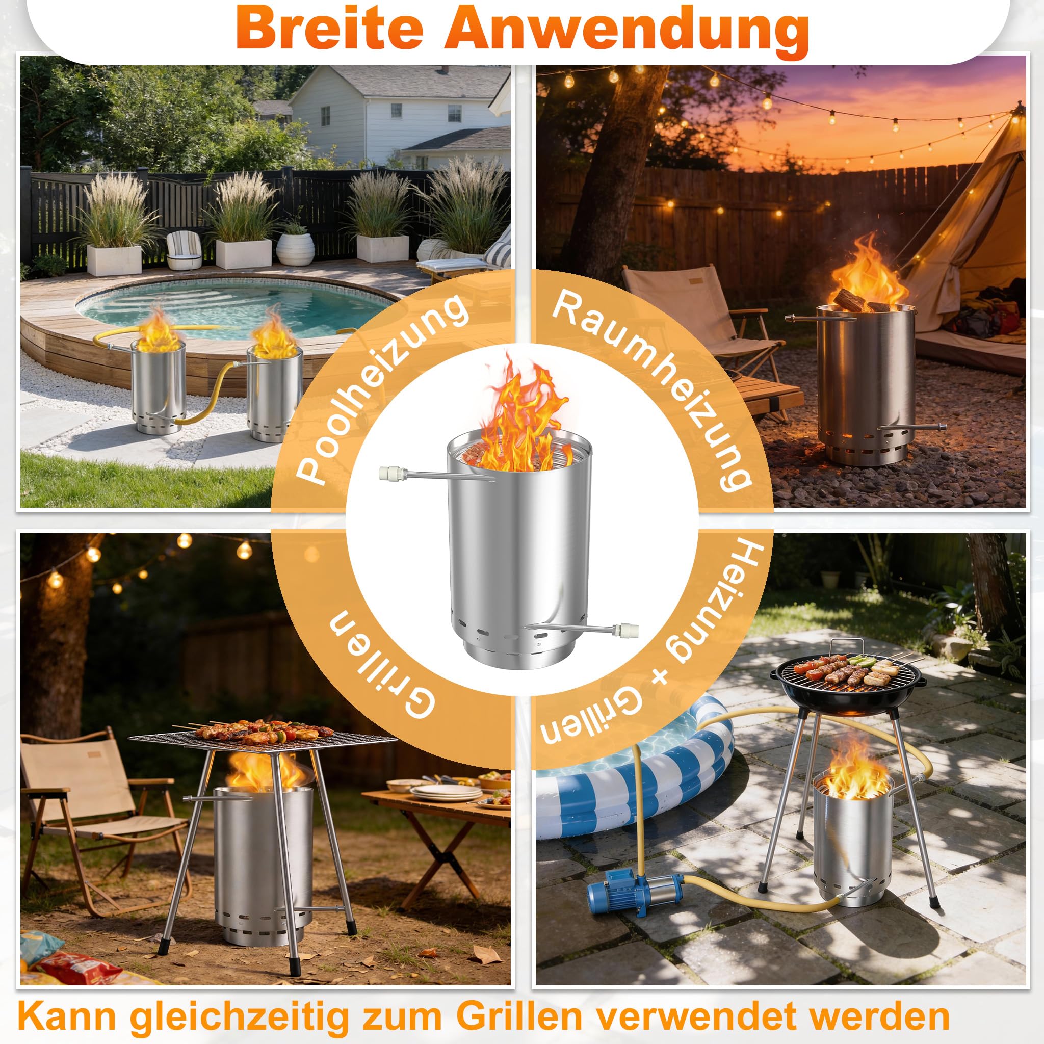 ACXIN 30x45cm Poolheizung mit Feuer, 32/38mm 2-in-1 Anschlüsse Edelstahl Feuertonne Brennholz Pool Heizung mit Ascheauffangboden und Heizspirale für Schwimmbäder, Poolofen Heizungen mit Matte