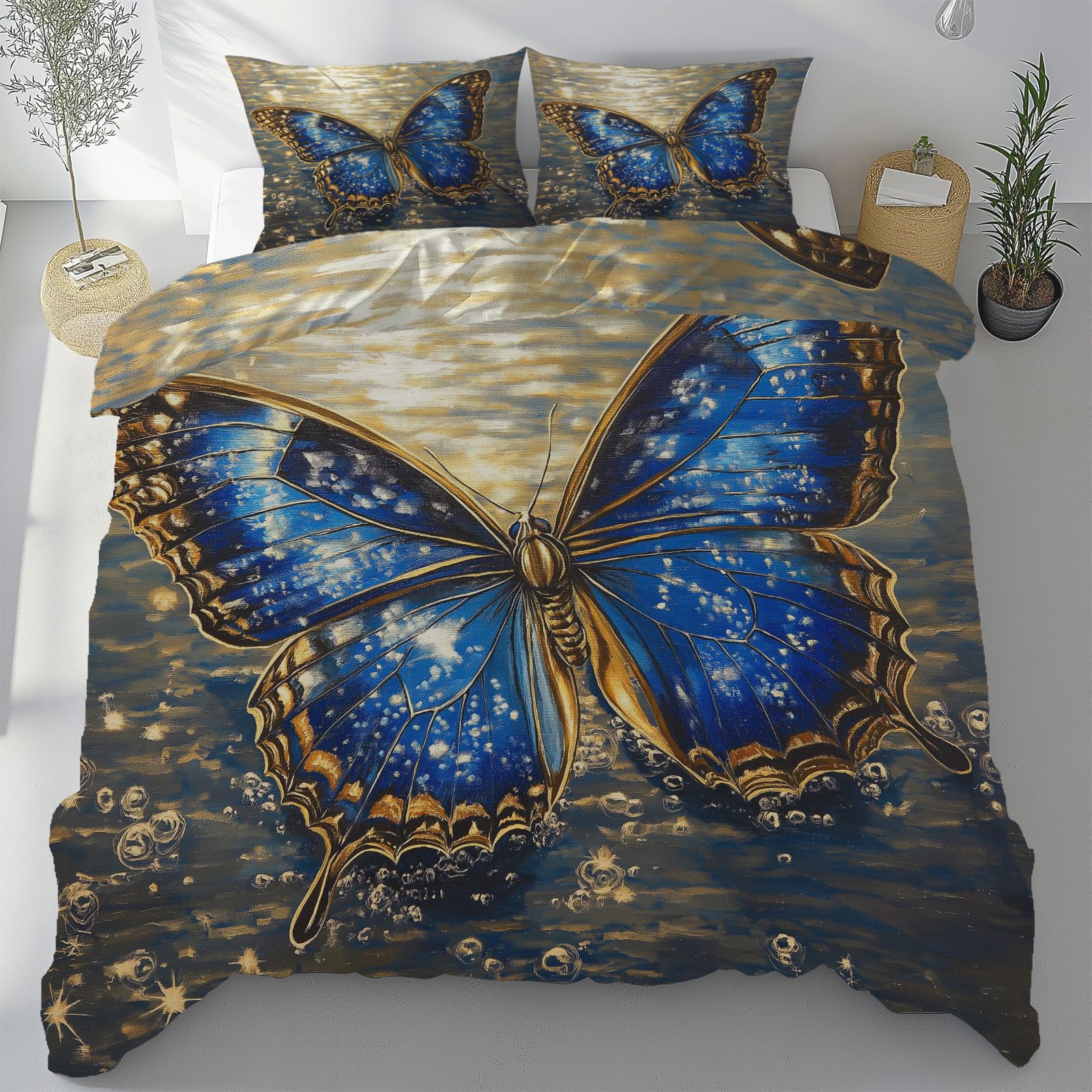 Housse de couette papillon bleu microfibre sans repassage lit 2 personnes