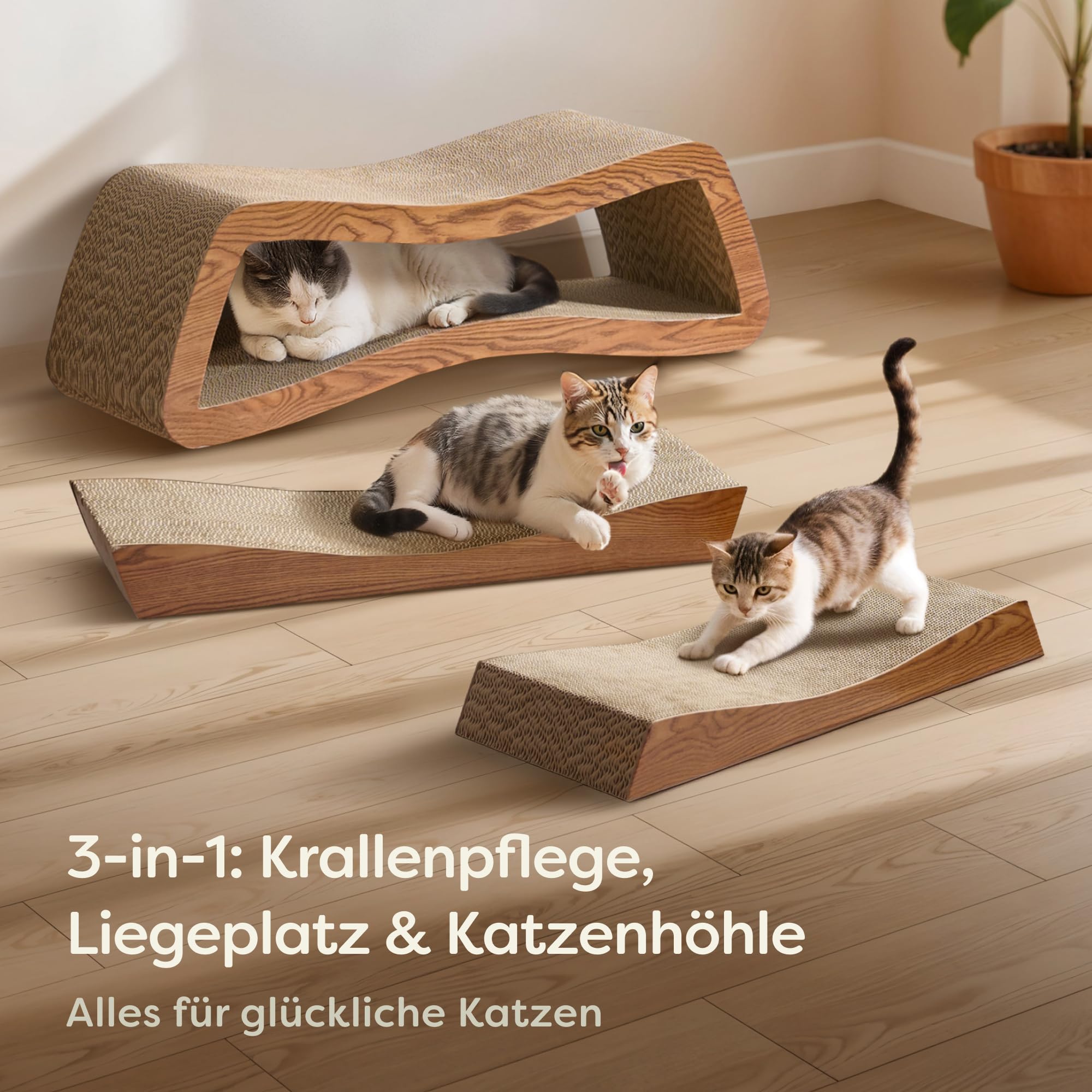 Knupis Kratzmöbel Kratzbrett Katze 3-teilig XXL 75cm – Besonders Kratzfeste Kratzpappe zur Krallenpflege – Bis zu 2 Jahre Kratzspaß – Platzsparend – Schutz für Sofa und Möbel (Mountain) (Braun)
