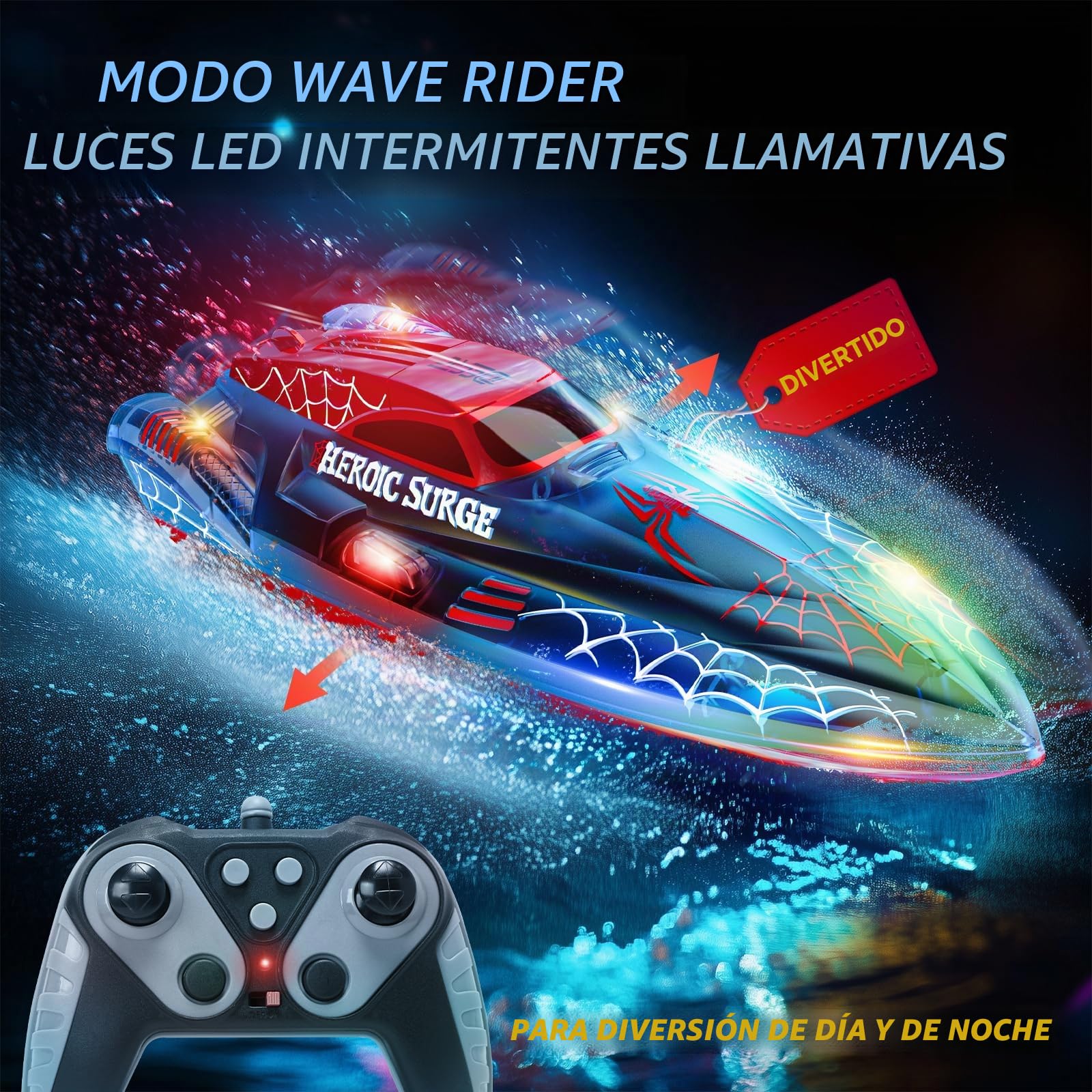 DEERC Barco teledirigido de 13 Pulgadas para niños, Barco araña teledirigido de 2,4 GHz con Luces LED para Piscinas y Lagos, Juguete acuático de Verano para niños de 8 a 12 años, 2 Pilas