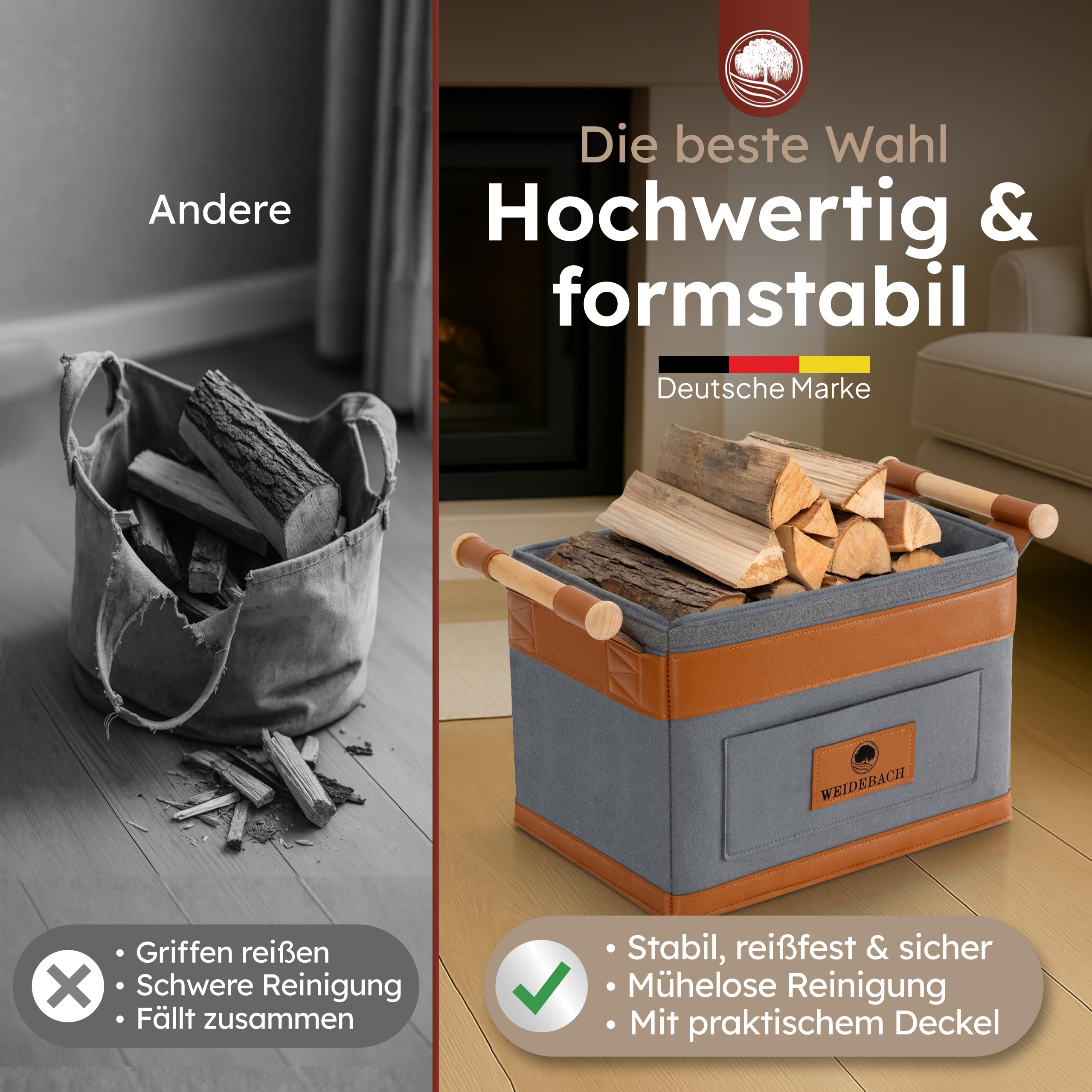 WEIDEBACH® Holzkorb für Kaminholz 35L (erweiterbar auf 50L), Kaminholzkorb grau schwer belastbar, Feuerholzkorb 40cm x 30cm x 30cm, Brennholzkorb mit rutschfestem Griff, Kaminholz Aufbewahrung