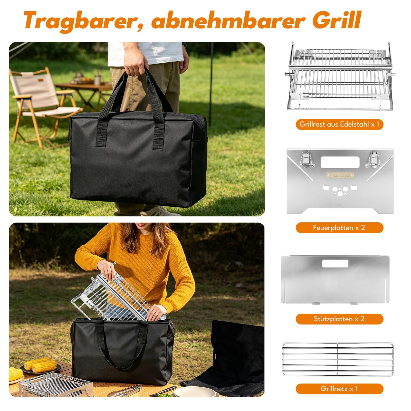 parrilla barbacoa de gas, 2 en 1 portátil barbacoa carbon de gas carbon y leña con rejilla reversible, parrilla pescado de acero inoxidable para camping, plegable para balcón, rejilla girat