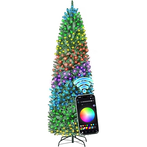 HOLLO STAR 6 ft Prelit Christmas Tree with 247 LED Lights, App Control, Artificial Pencil Christmas Tree with Multi-Color RGBW Lights, 715 Branch Tips, Skinny Xmas Tree, Metal Base, for Home, Party