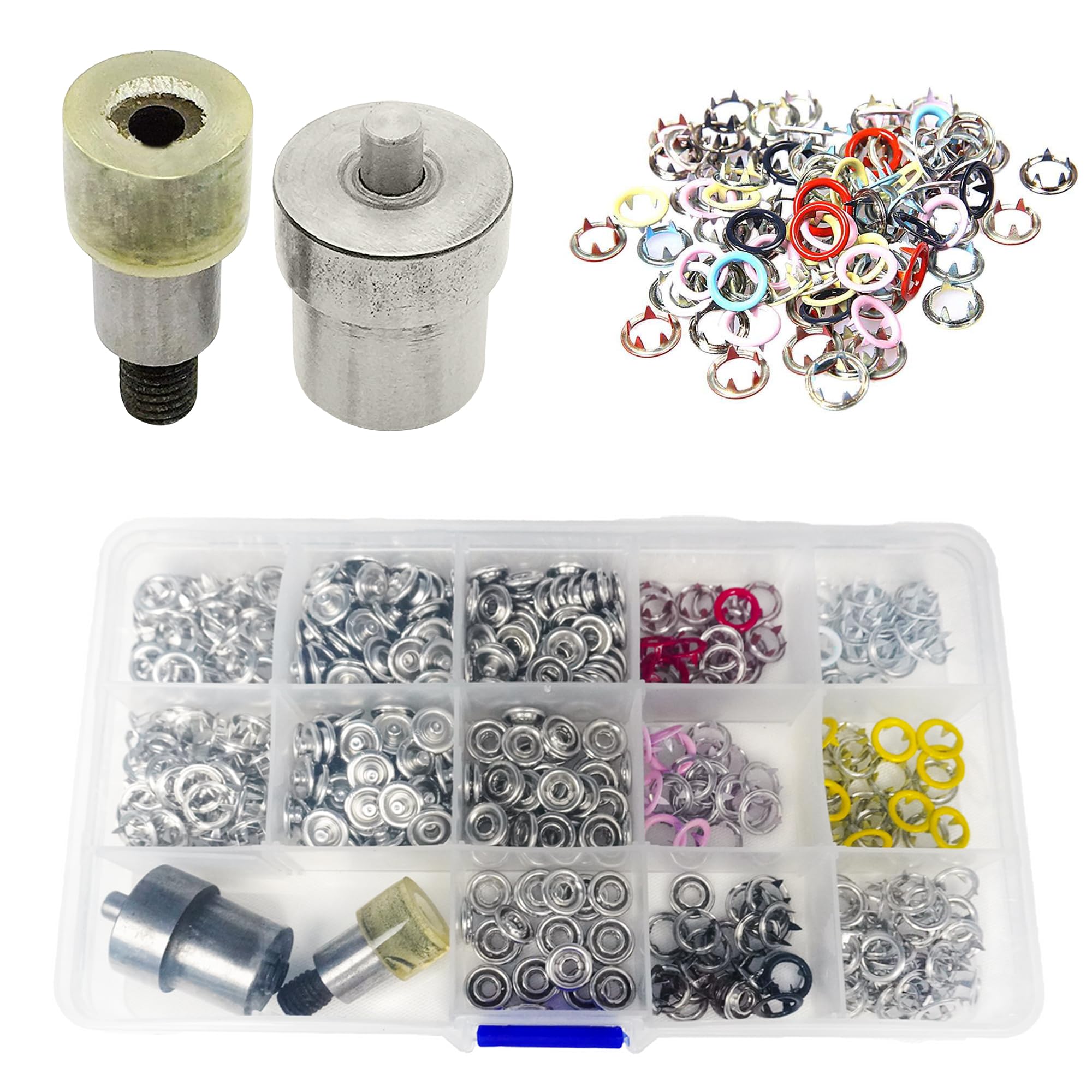 WedDecor 4 botones de presión de 9,5 mm, 120 botones de metal sin costura, juego de troqueles de fijación para reparación de ropa, artesanía en cuero, costura, chaquetas, camisas, baberos, proyectos