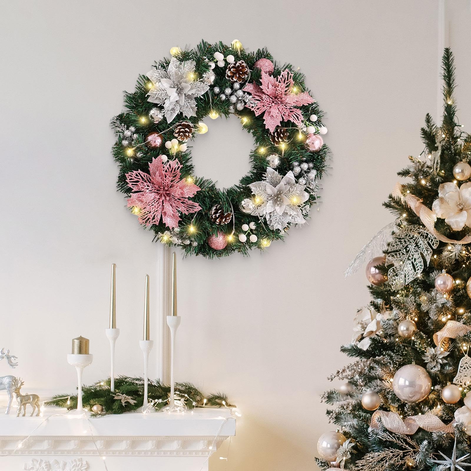 Couronne de Noël Lumineuse à Suspendre, Ornements de Fond pour Intérieur et Extérieur, Collection, Guirlande Artificielle, 50cm