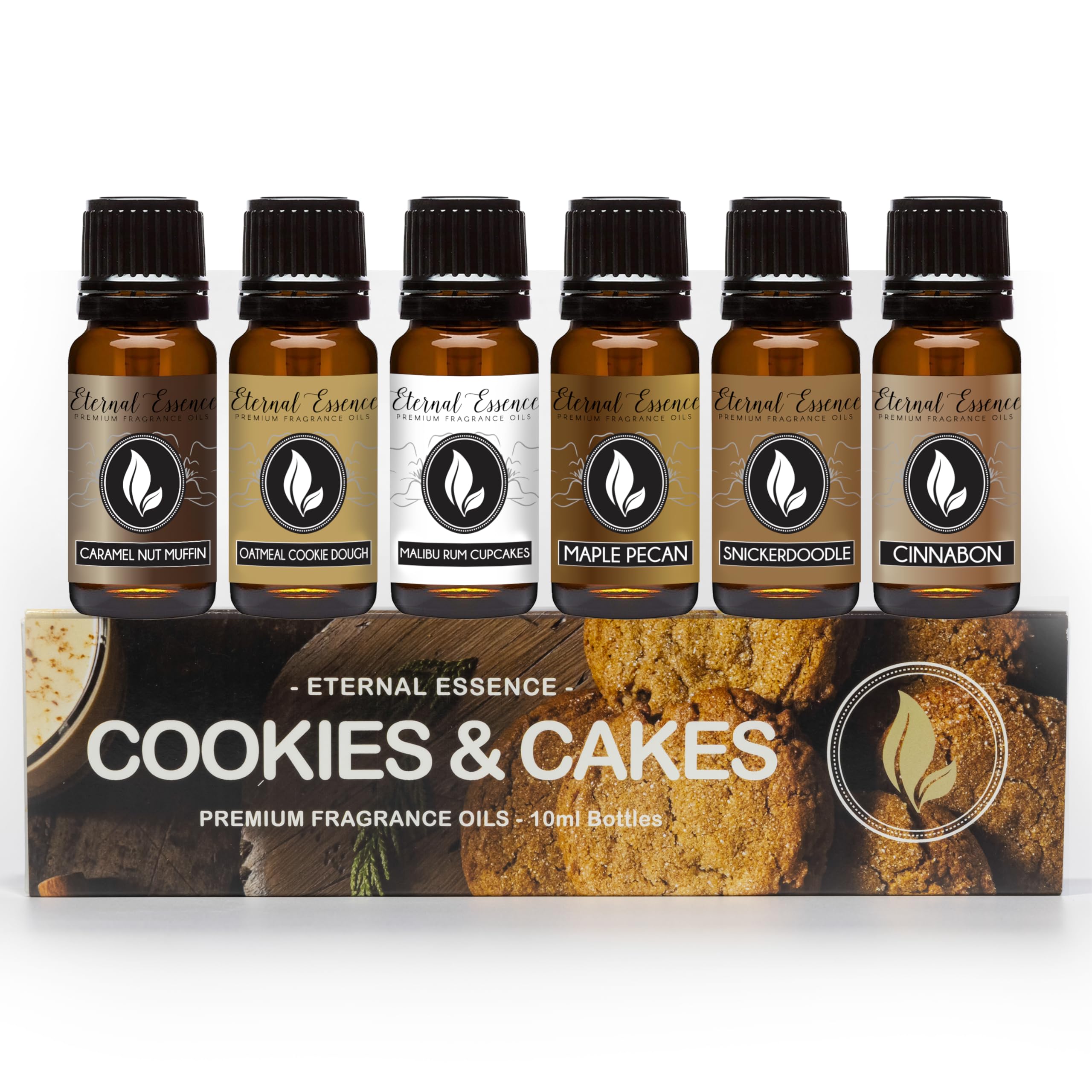Eternal Essence Oils Cookies & Cakes - Gift Set of 6 Premium Fragrance - Caramel Nut Muffin, Oatmeal Cookie Dough, Malibu Rum Cupcakes, Maple Pecan, Snickerdoodle and Cinnabon - 10ML