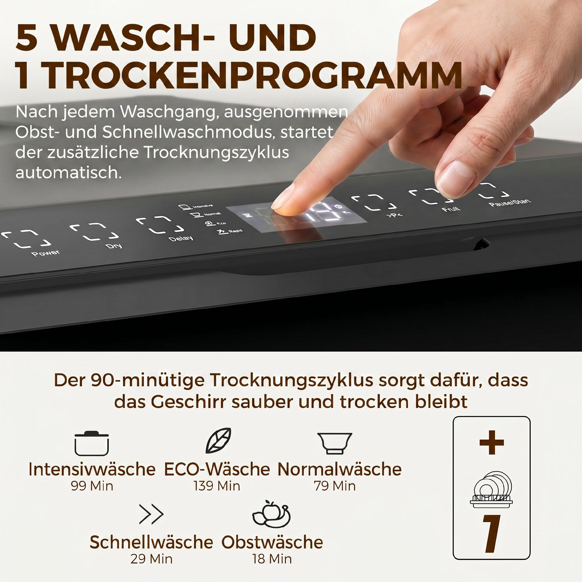 HOMCOM Mini Geschirrspüler Freistehend Tischgeschirrspüler mit 4 Maßgedecke 5 Programmen Trocken Funktion 6L Wassertank Touch Control LED Anzeige Spülmaschine mit/ohne Wasseranschluss für Camping