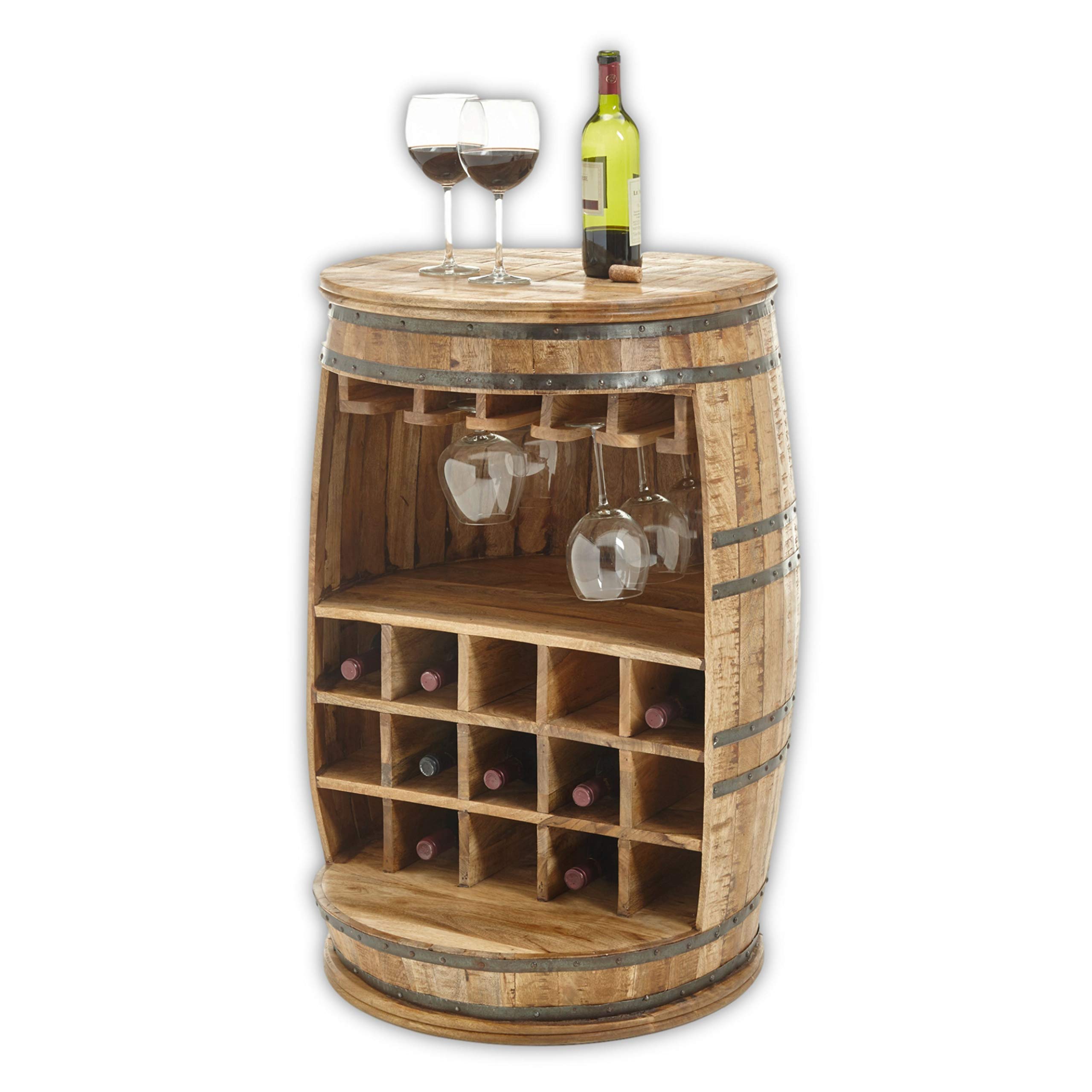 Stella Trading FIASKO Vintage Weinfass Bar Massivholz Mango - Stylisher Barschrank Weinschrank mit Ablage, Gläserhalterungen & Flaschenfächern - 58 x 91 x 58 cm (B/H/T)