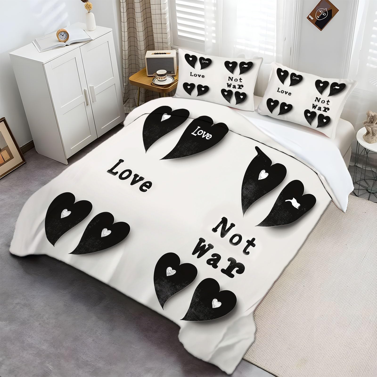 Funda Nórdica Corazón Negro 3D Juego De Cama Suave Transpirable Microfibra 1 Funda Nórdica + 2 Fundas De Almohada 50X75cm Cama 105