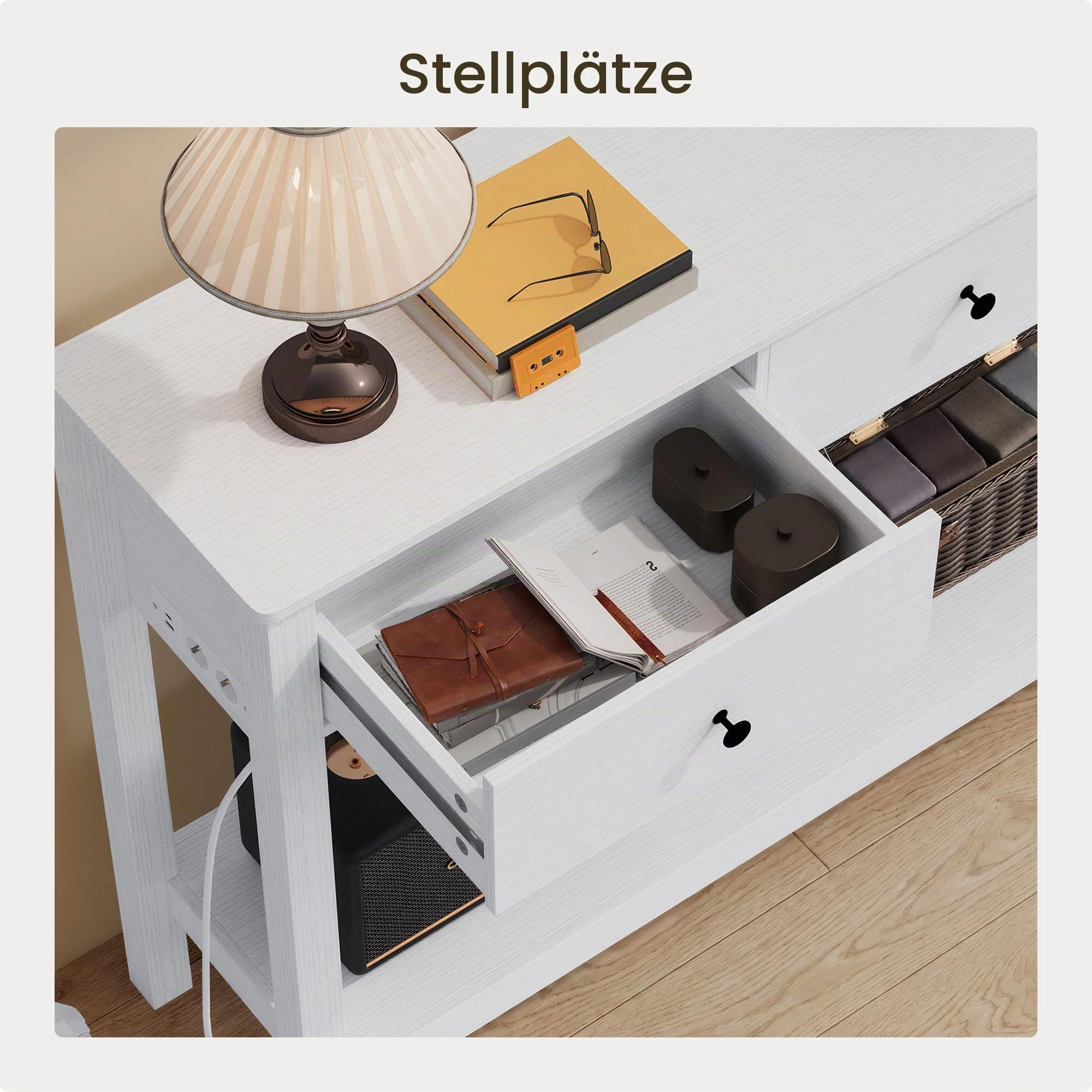 Xbro Schmaler Konsolentisch mit Steckdosenleiste, Flurtisch mit 3 Schubladen und Ablage, Beistelltisch mit USB-Anschlüssen, Sofatisch für Flur, Wohnzimmer, Küche, 130 x 30 x 80 cm, Weiß