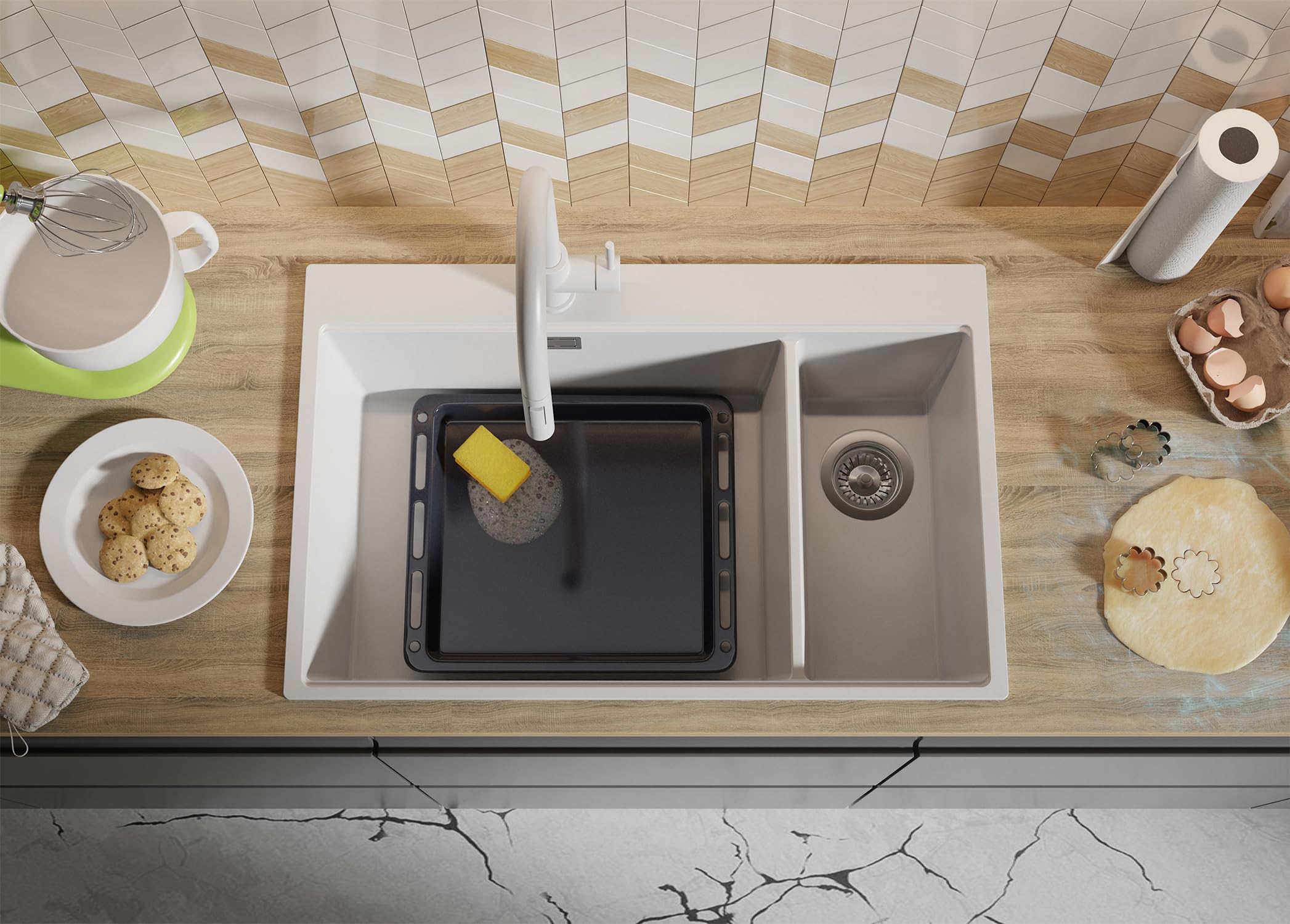PRIMAGRAN Fregadero Cocina Blanco - Oslo Duo Top, 78x50cm | Granito 2 Senos + Zuberhor-Set, sobre Encimera al Mueble 80cm (S074)
