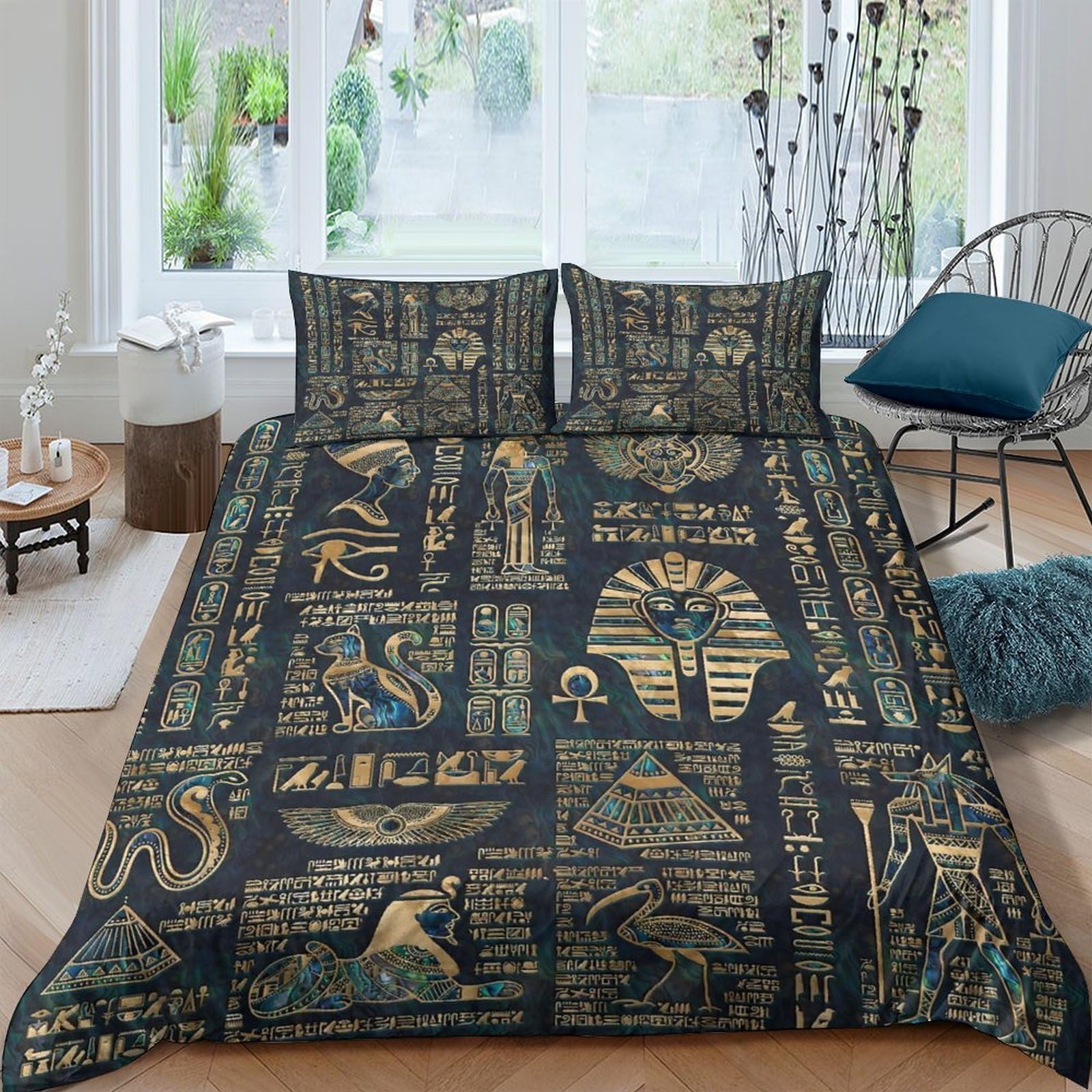 Ctjqhvkz Style-4 3D Printed Egyptian Hieroglyphics Fitted Sheet Microfiber Soft Gold Black Pharaoh Bed Cover For Bedroom Guest Room Decor Single（135X200cm）