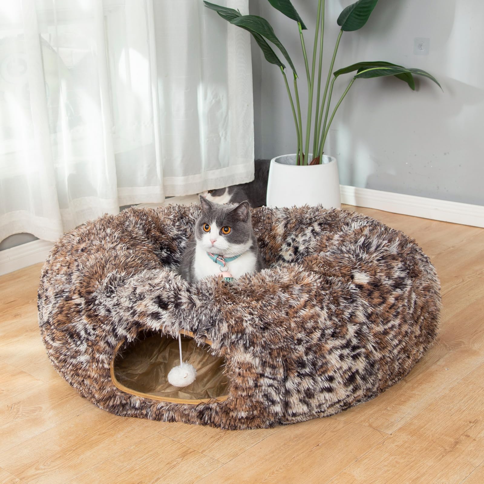 Cama tipo túnel de felpa cálida y esponjosa con cojín lavable, tubo grande, juguetes de 3 pies de diámetro, plegable, para interiores, gatos, gatitos, cachorros, conejos, hurones, leopardos