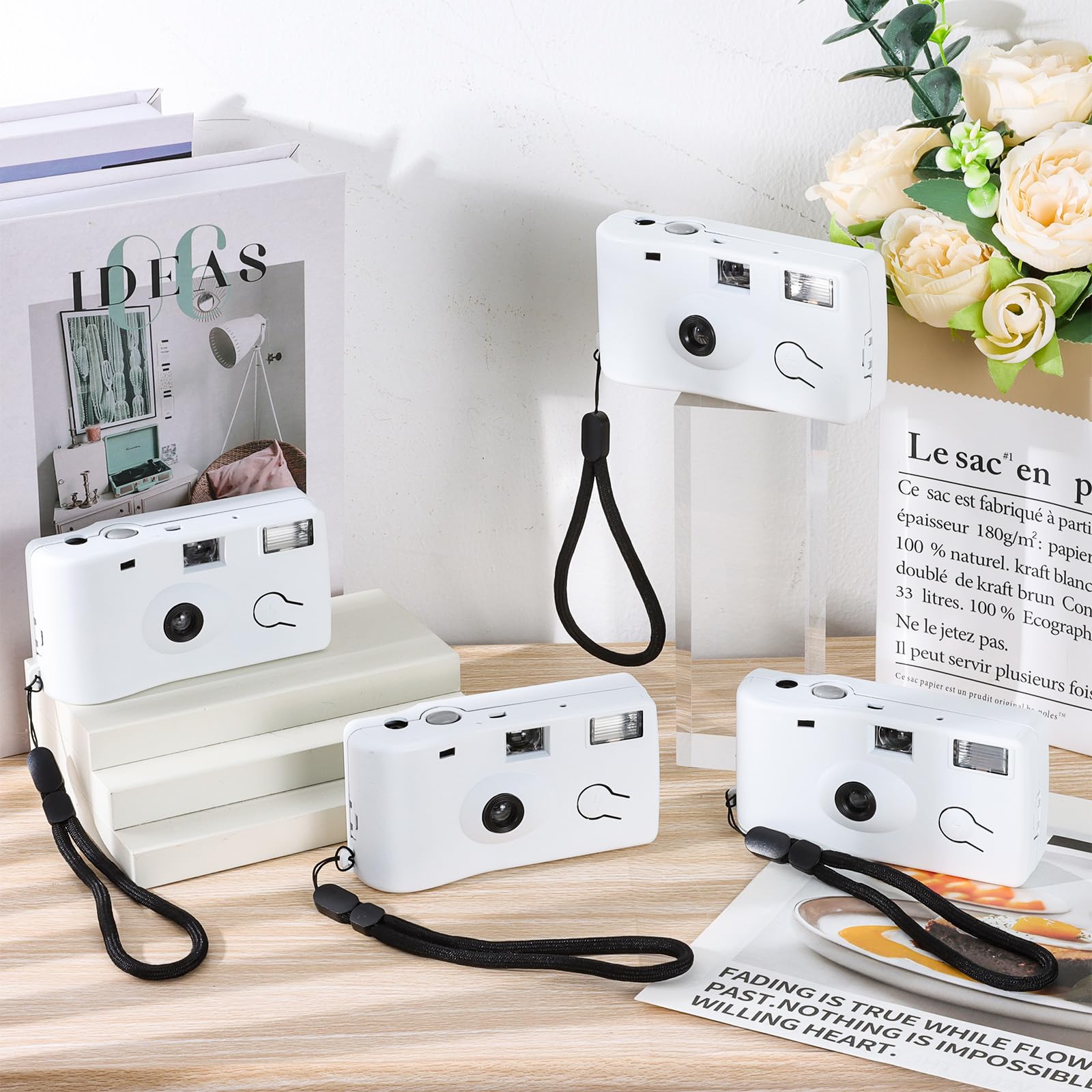 Paquete de 10 cámaras desechables, 35 mm, color blanco, de un solo uso, con flash, cámaras de una sola vez para cumpleaños y boda, película LSO 400, 17 exposiciones, bolsa de lona, estilo horizontal