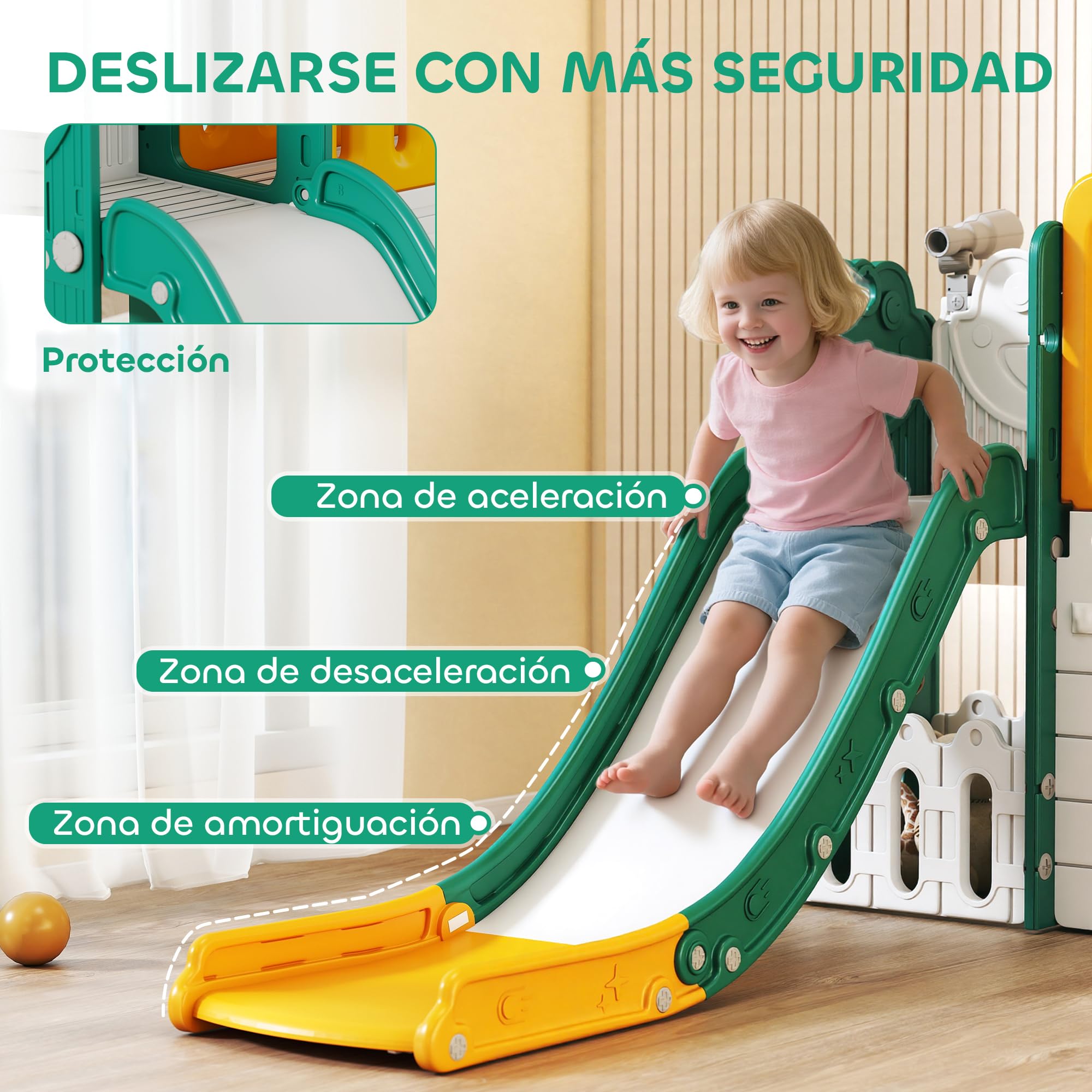 AIYAPLAY Tobogán Infantil 7 en 1 con Caseta para Niños, Tobogán con Escalera, Aro de Baloncesto, Túnel, Pizarra, Telescopio, para Interior, Amarillo y Verde