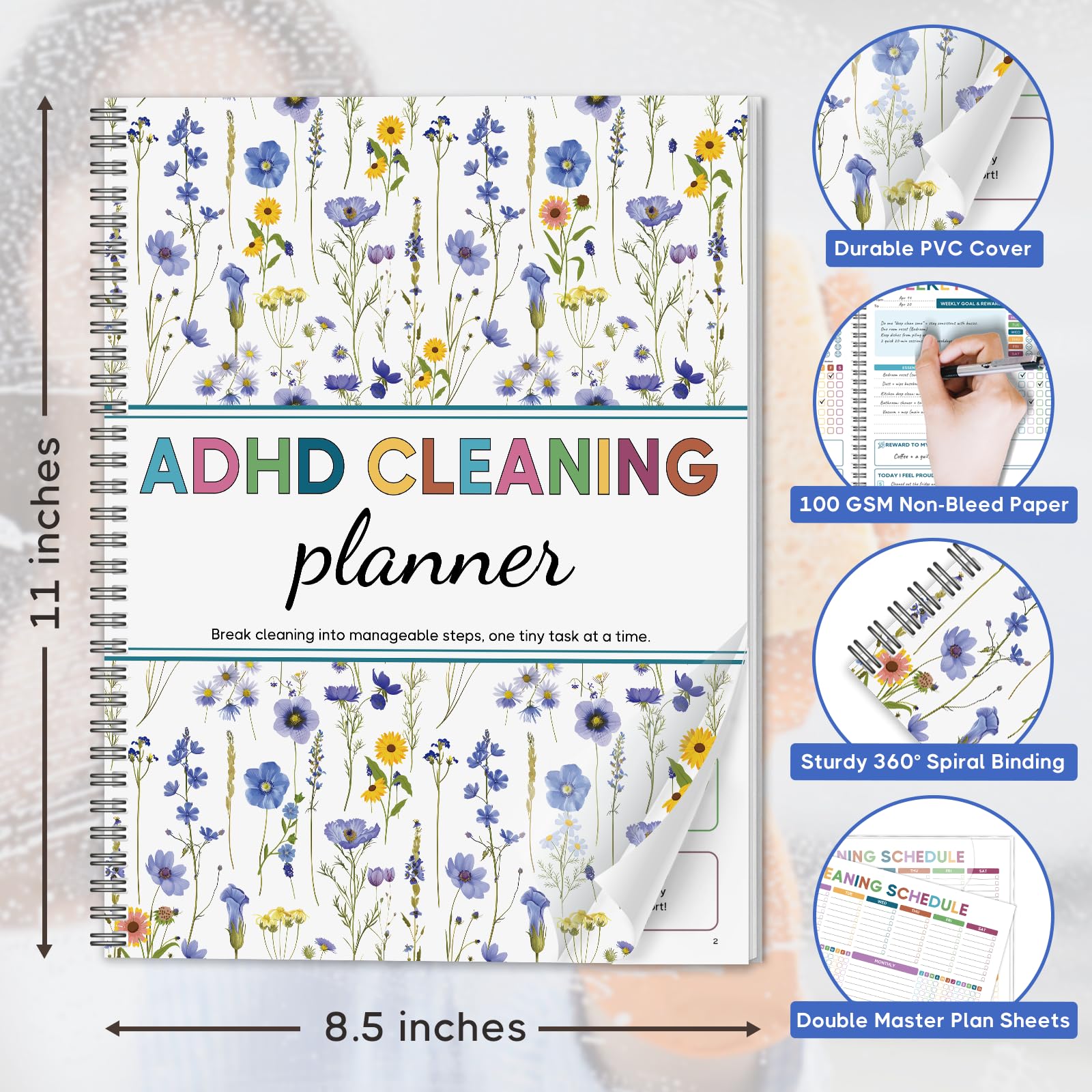 Agenda per la pulizia ADHD per adulti, design con copertina floreale, non datato, colorato, giornaliero, settimanale, mensile, trimestrale, annuale, diario a spirale in PVC, facile da pulire, per