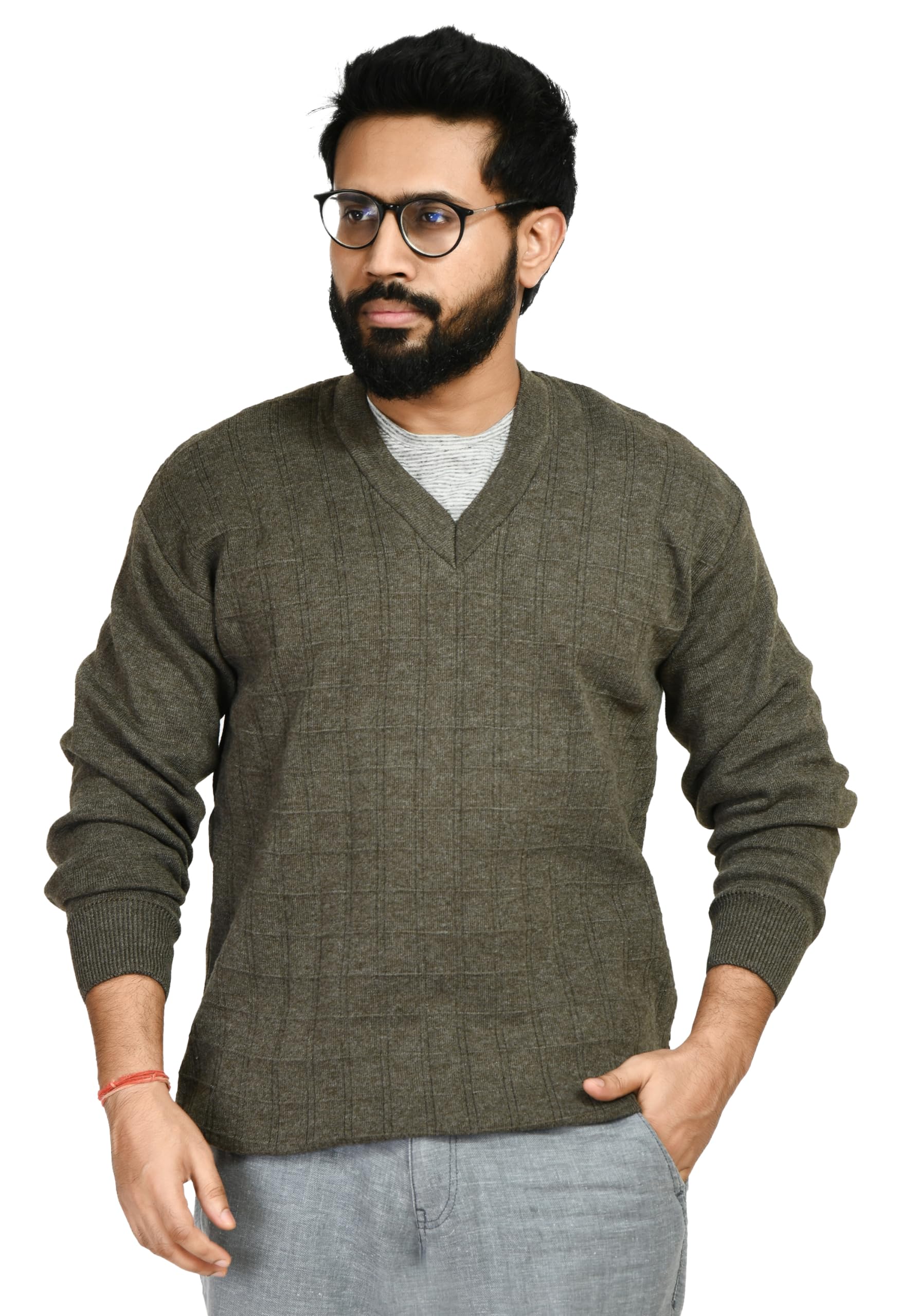 MANRA Mens V- Neck Full Sleeve Woolen Winter Self Design Pullover Sweater (Men OSWAL SELF Check Sweater) L_Mix D. Green-picture-19