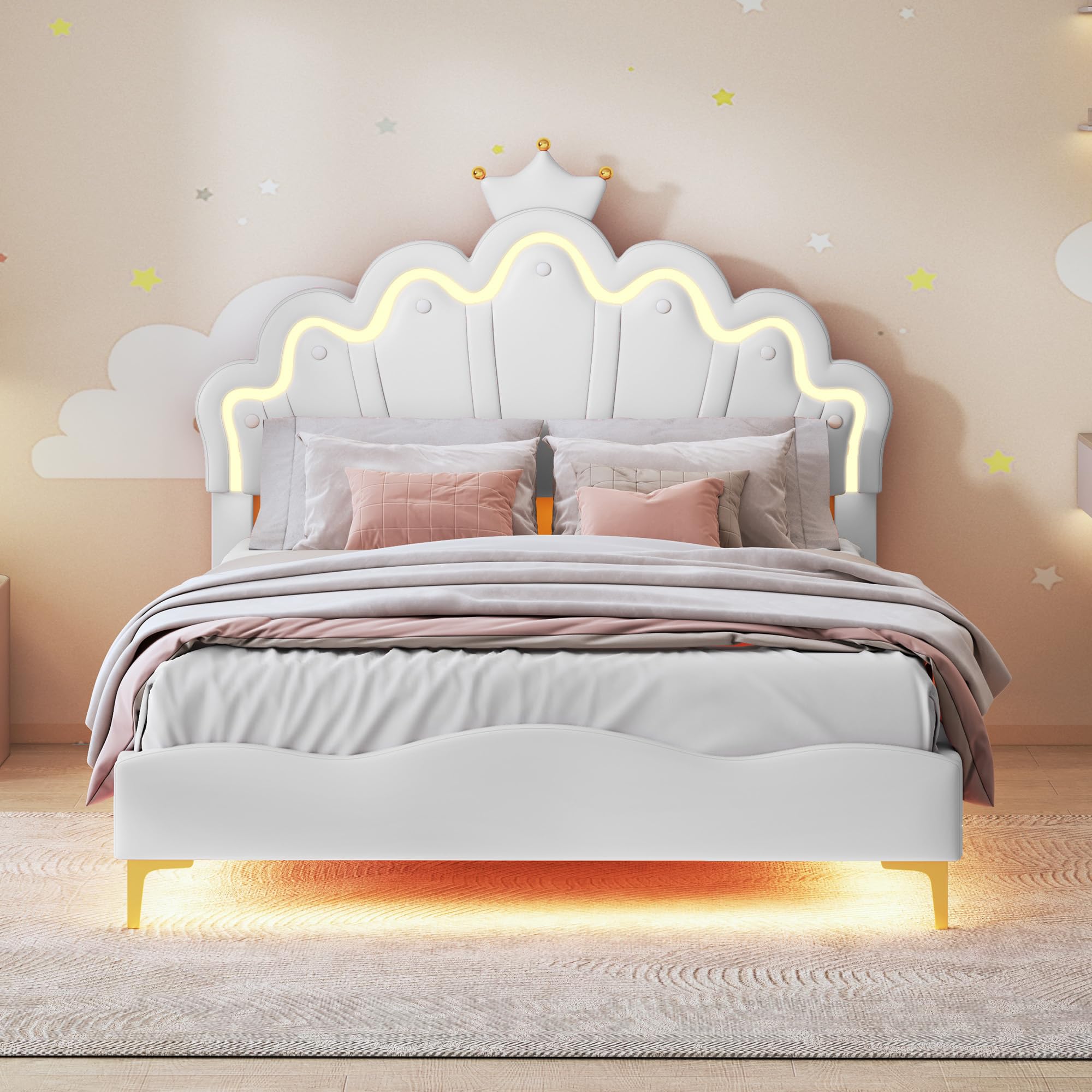 PerGar Lit de princesse pour fille - Avec barre lumineuse LED - Coussin en cuir synthétique souple - Lit de princesse avec hauteur de tête de lit réglable (blanc, 140 x 200 cm)