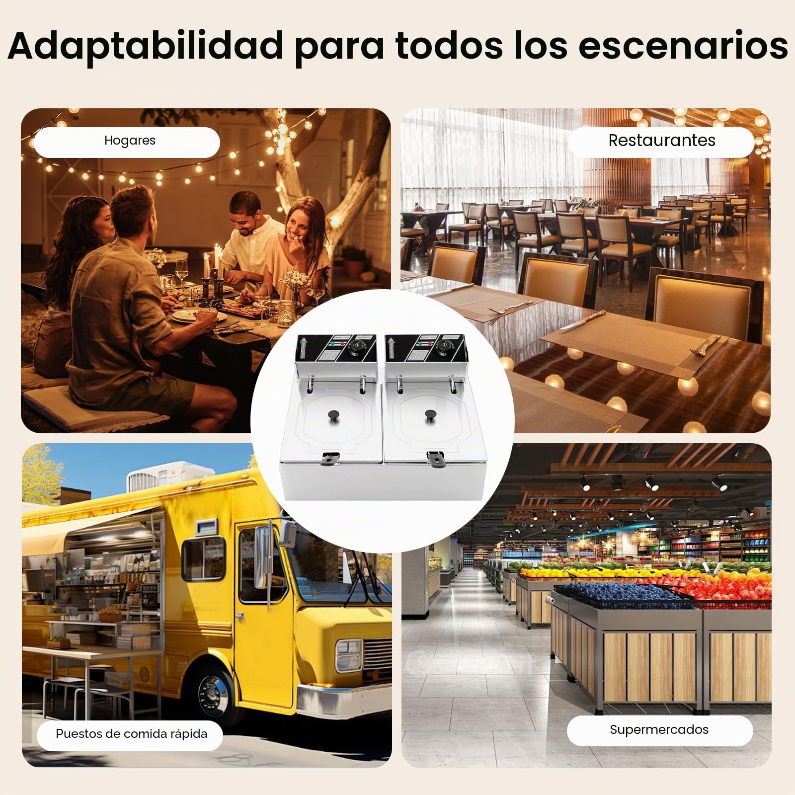 Freidora Eléctrica Profesional 2.5KW+2.5KW, Doble Tanque 12L con Escurridor, Cesta y Tapa, Acero Inoxidable Freidora Eléctrica Comercial para Restaurantes Comerciales